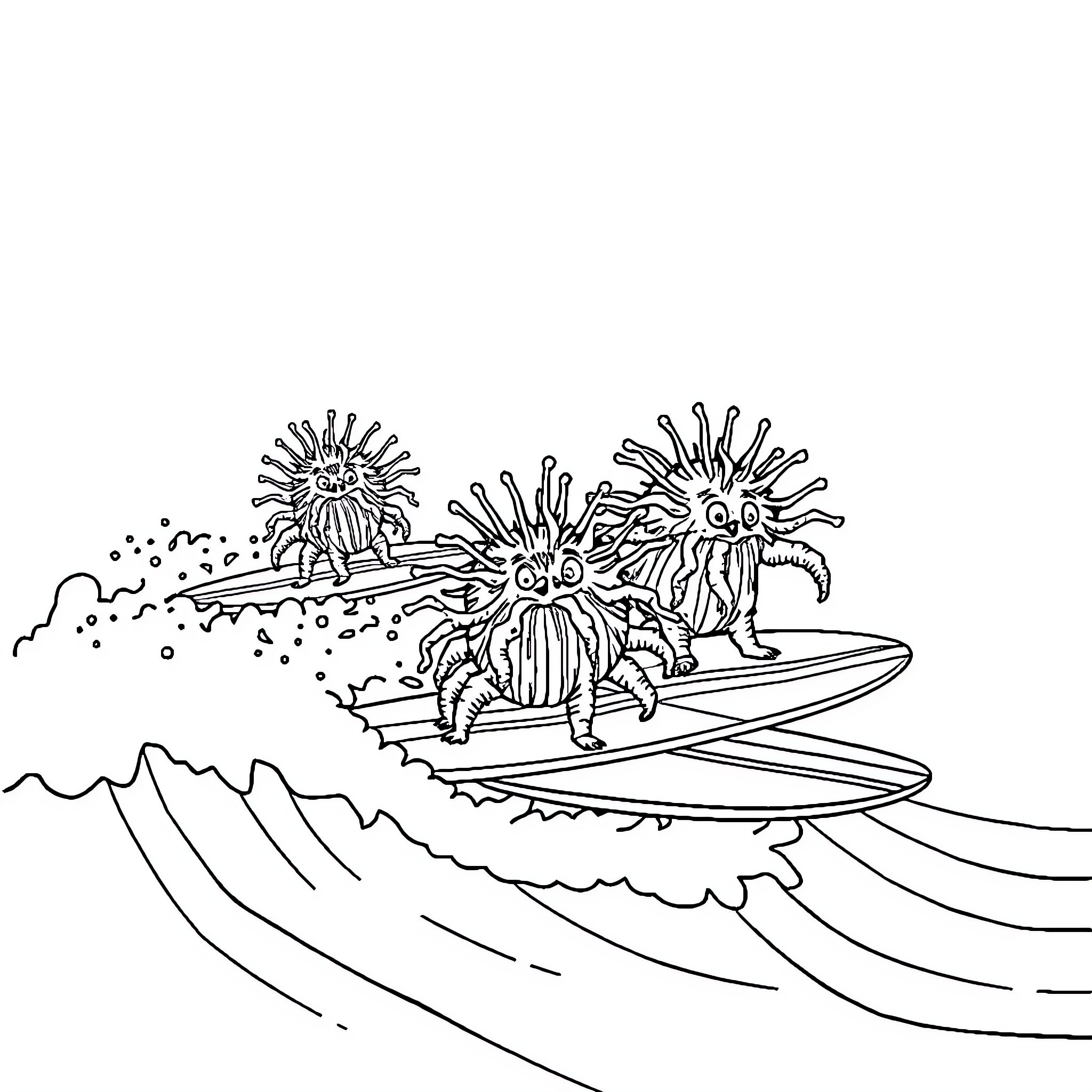 Sea Urchins surfing on the waves Coloring Page (free black-and-white line drawing printable PDF for all, from beginners to advanced learners, including children, teens, adults, and seniors)