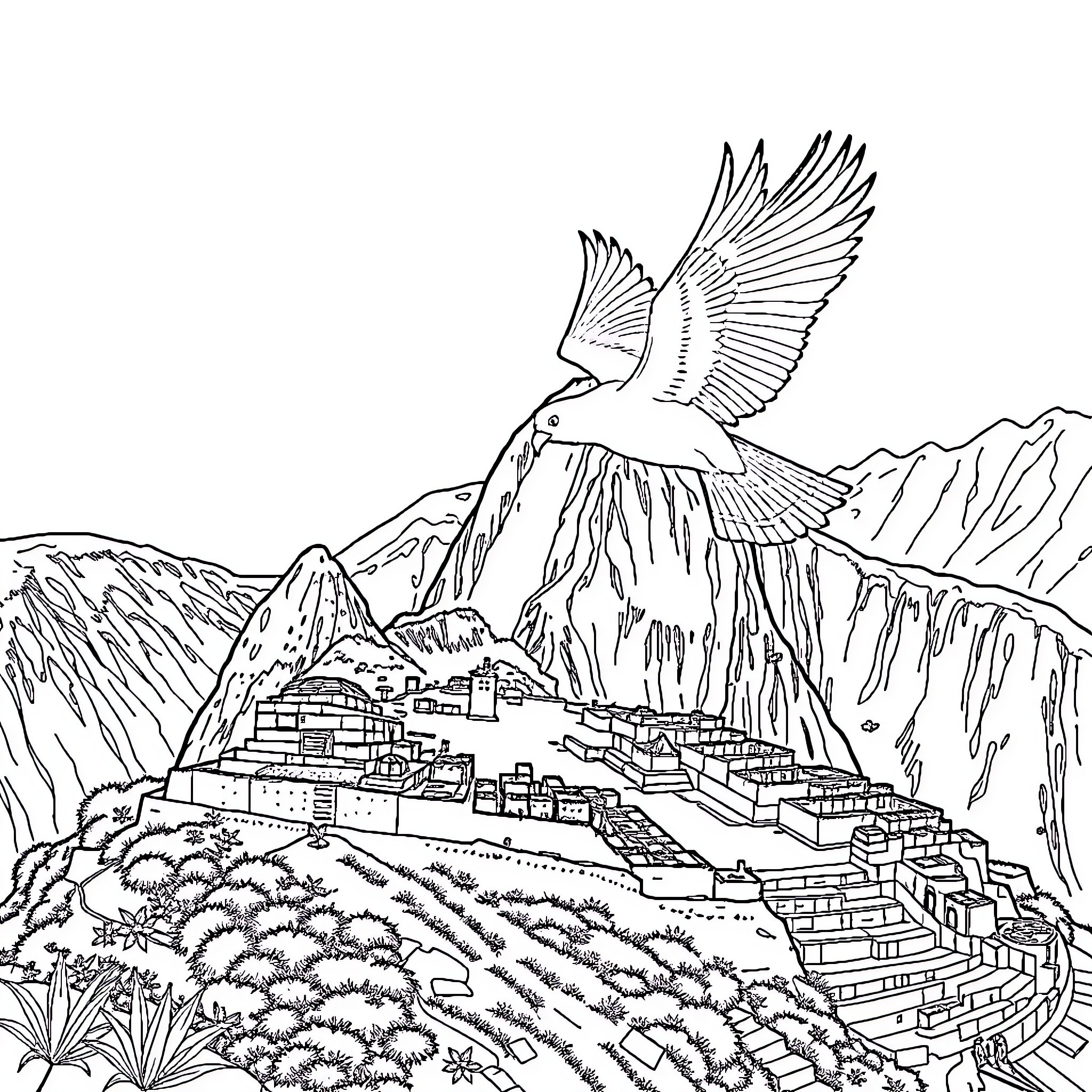 Baron Rouge's Majestic Mountain Retreat Coloring Page (free black-and-white line drawing printable PDF for all, from beginners to advanced learners, including children, teens, adults, and seniors)