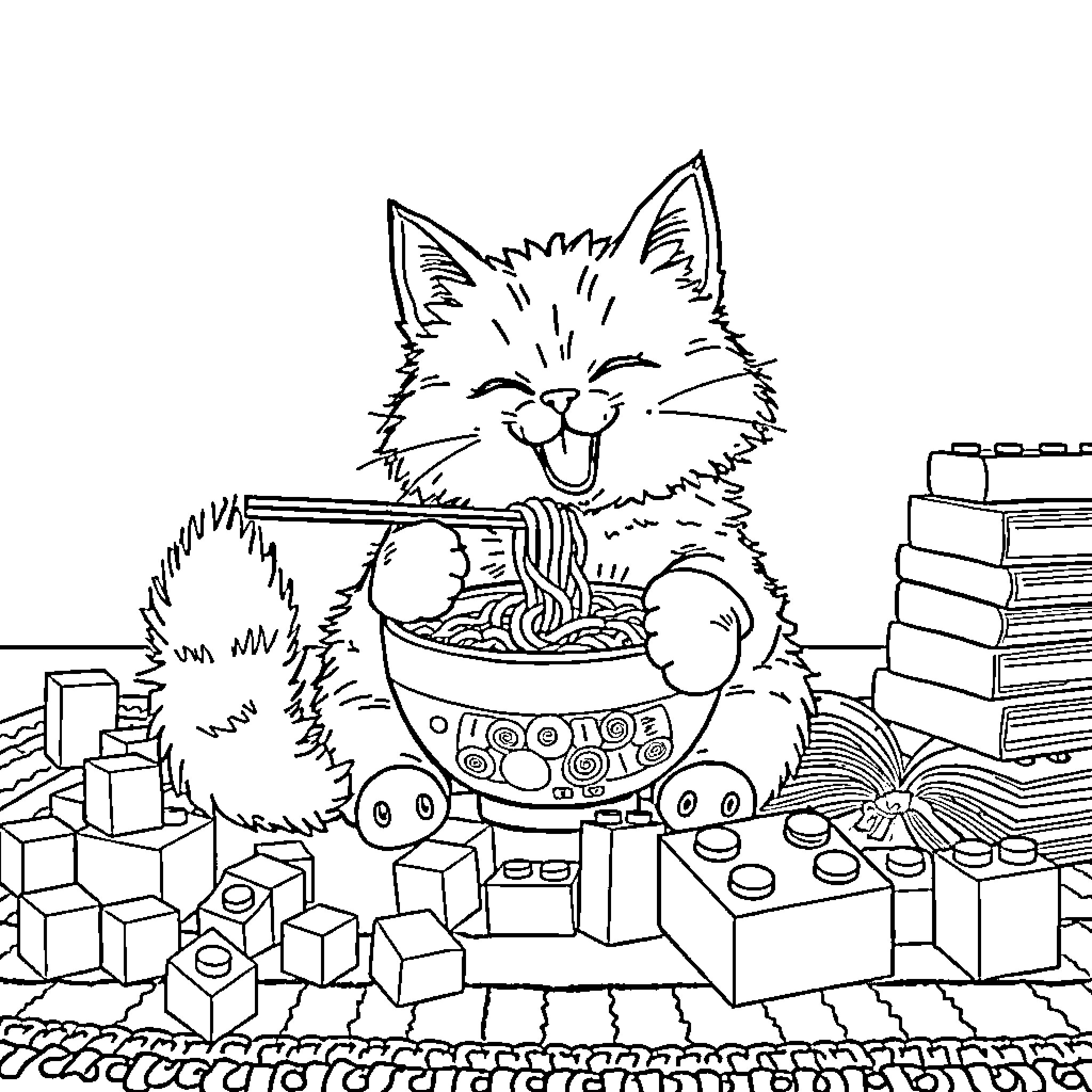Cat enjoying a tasty meal surrounded by toys Coloring Page (free black-and-white line drawing printable PDF for all, from beginners to advanced learners, including children, teens, adults, and seniors)
