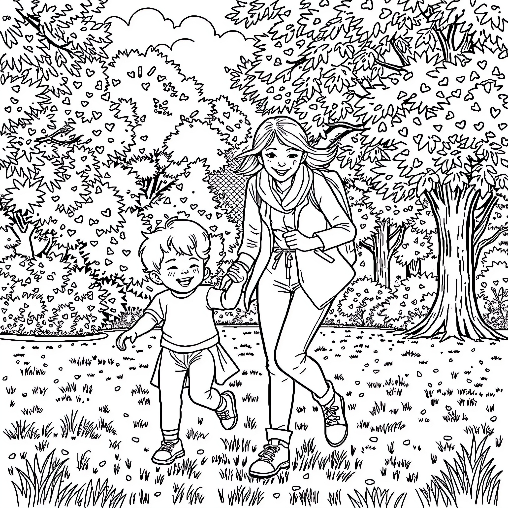 Grandmother and child strolling through the park Coloring Page (free black-and-white line drawing printable PDF for all, from beginners to advanced learners, including children, teens, adults, and seniors)