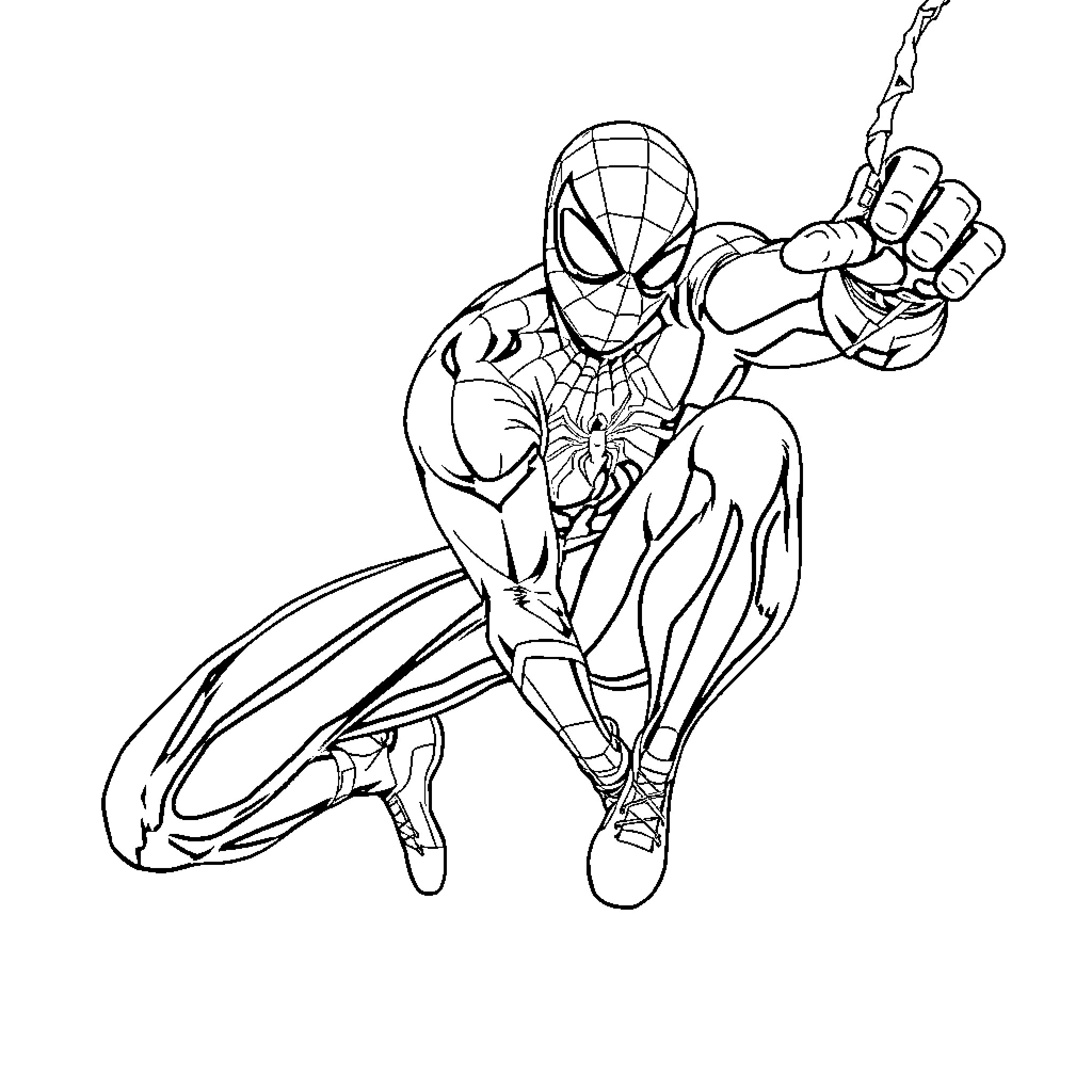 Spiderman Springing into Action Coloring Page (free black-and-white line drawing printable PDF for all, from beginners to advanced learners, including children, teens, adults, and seniors)