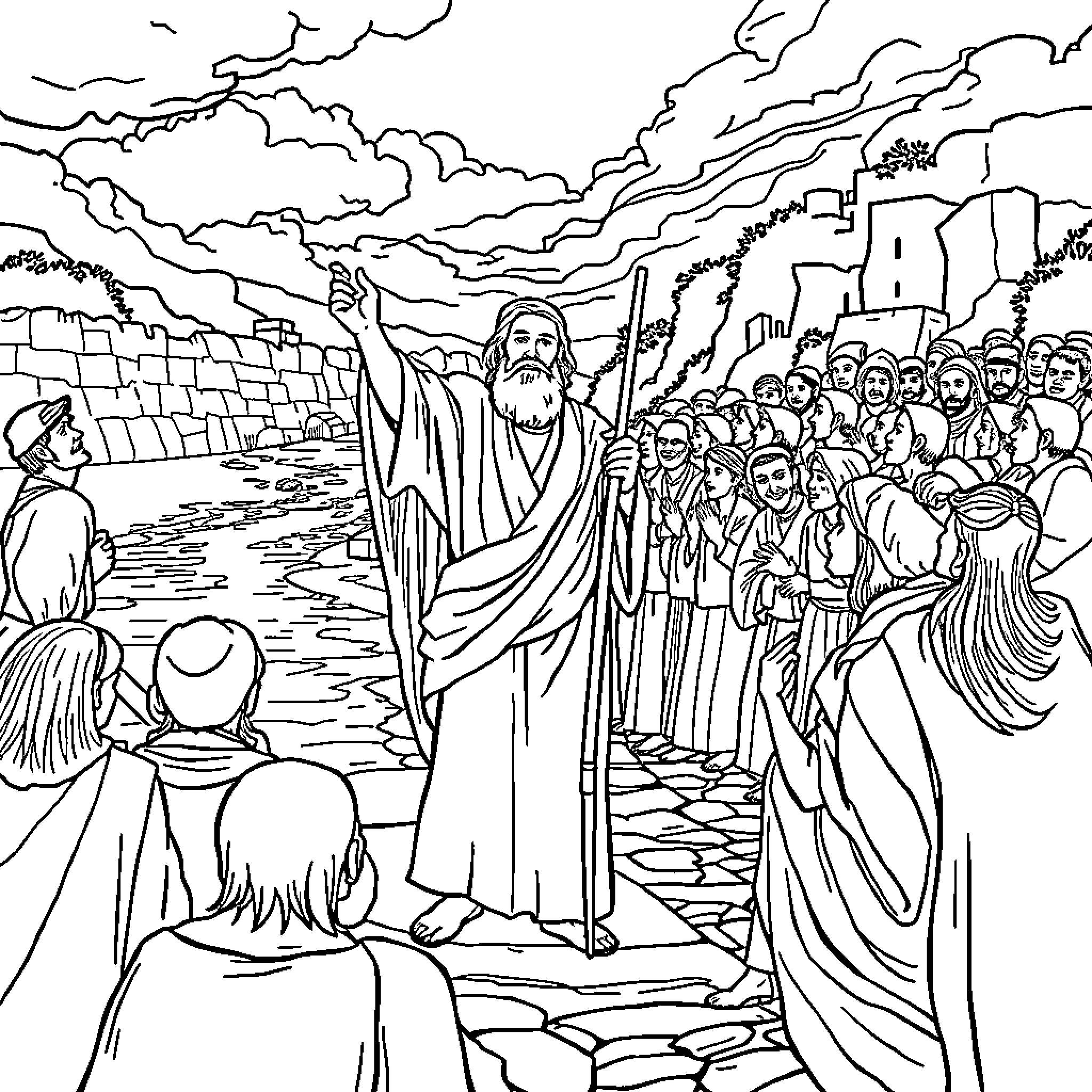 Juan leads a multitude through a rugged landscape Coloring Page (free black-and-white line drawing printable PDF for all, from beginners to advanced learners, including children, teens, adults, and seniors)