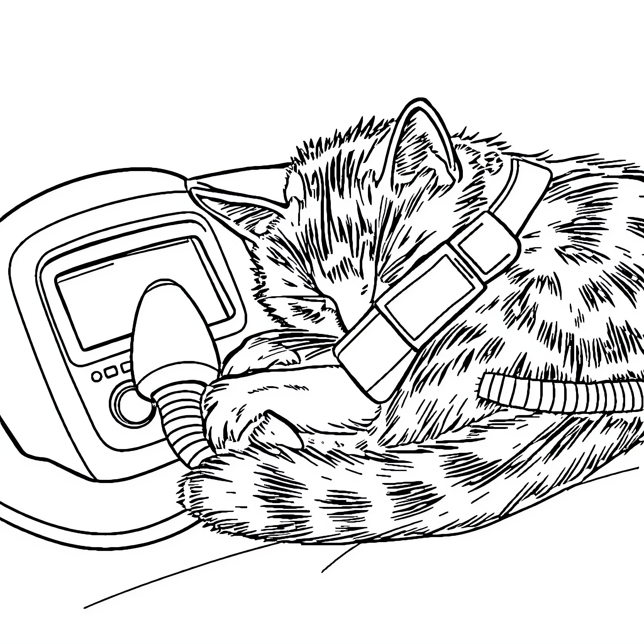 Cat Napping with Technology Coloring Page (free black-and-white line drawing printable PDF for all, from beginners to advanced learners, including children, teens, adults, and seniors)