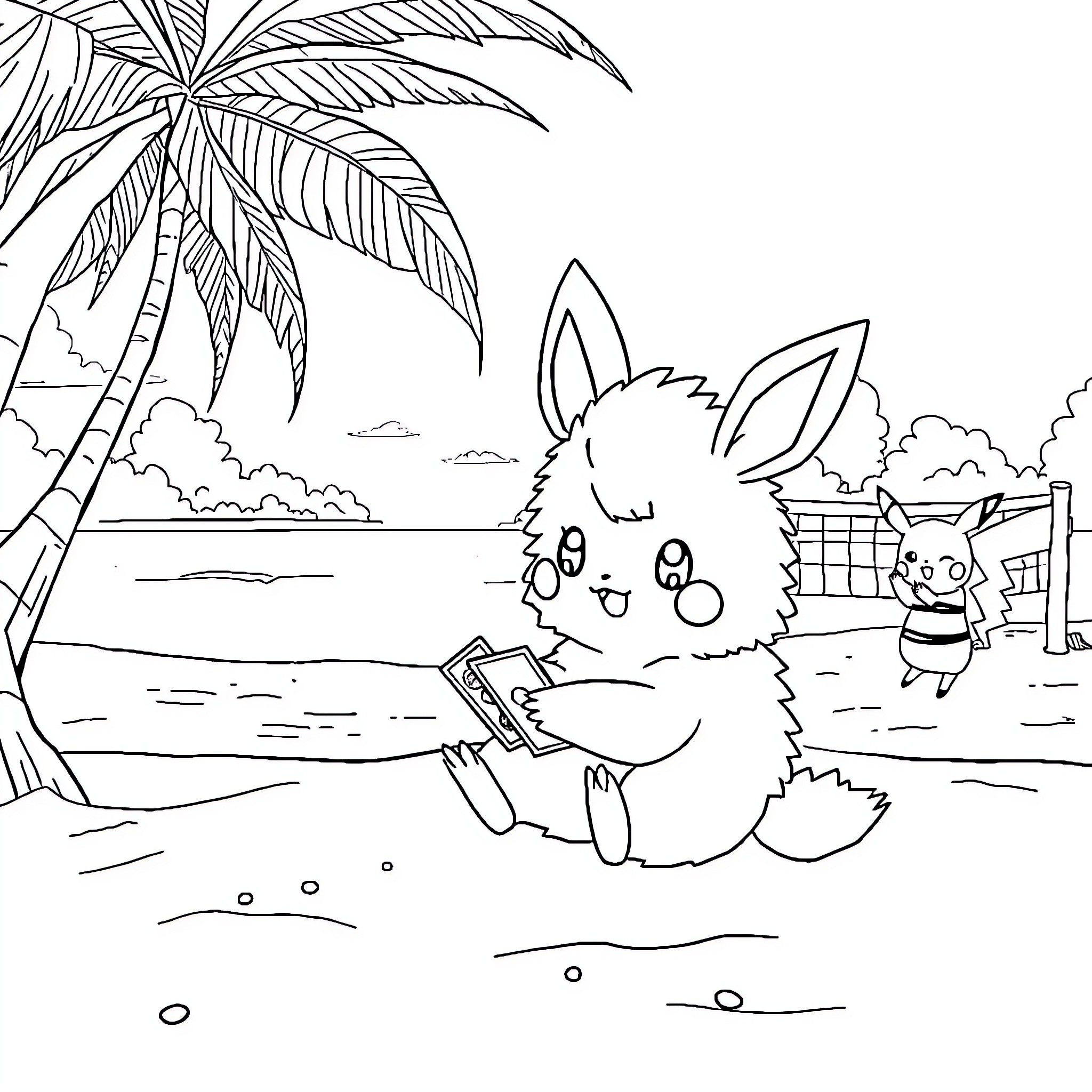 Evoli relaxing on the beach with phone Coloring Page (free black-and-white line drawing printable PDF for all, from beginners to advanced learners, including children, teens, adults, and seniors)