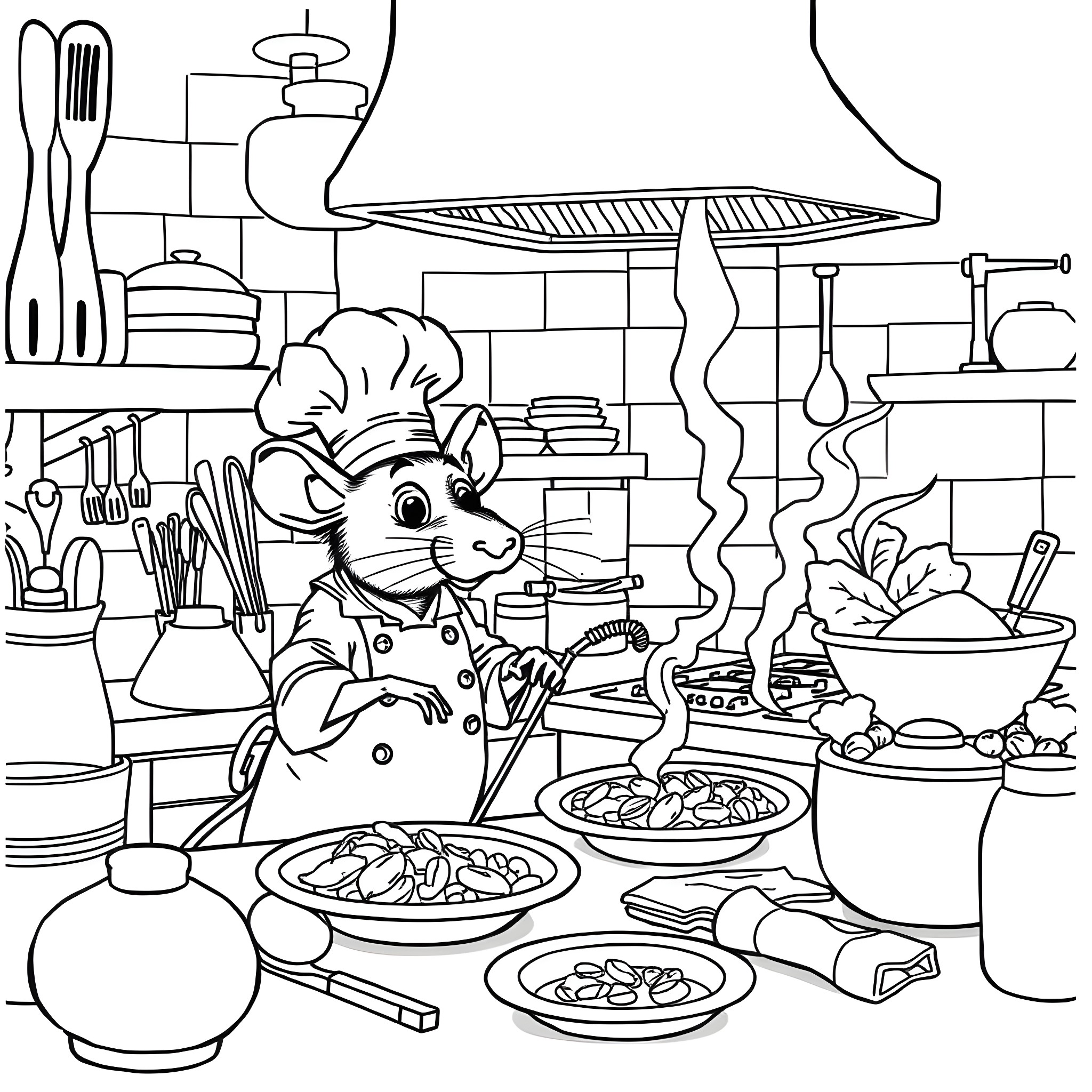 Ratatouille: Cooking Rat in a Busy Kitchen Coloring Page (free black-and-white line drawing printable PDF for all, from beginners to advanced learners, including children, teens, adults, and seniors)