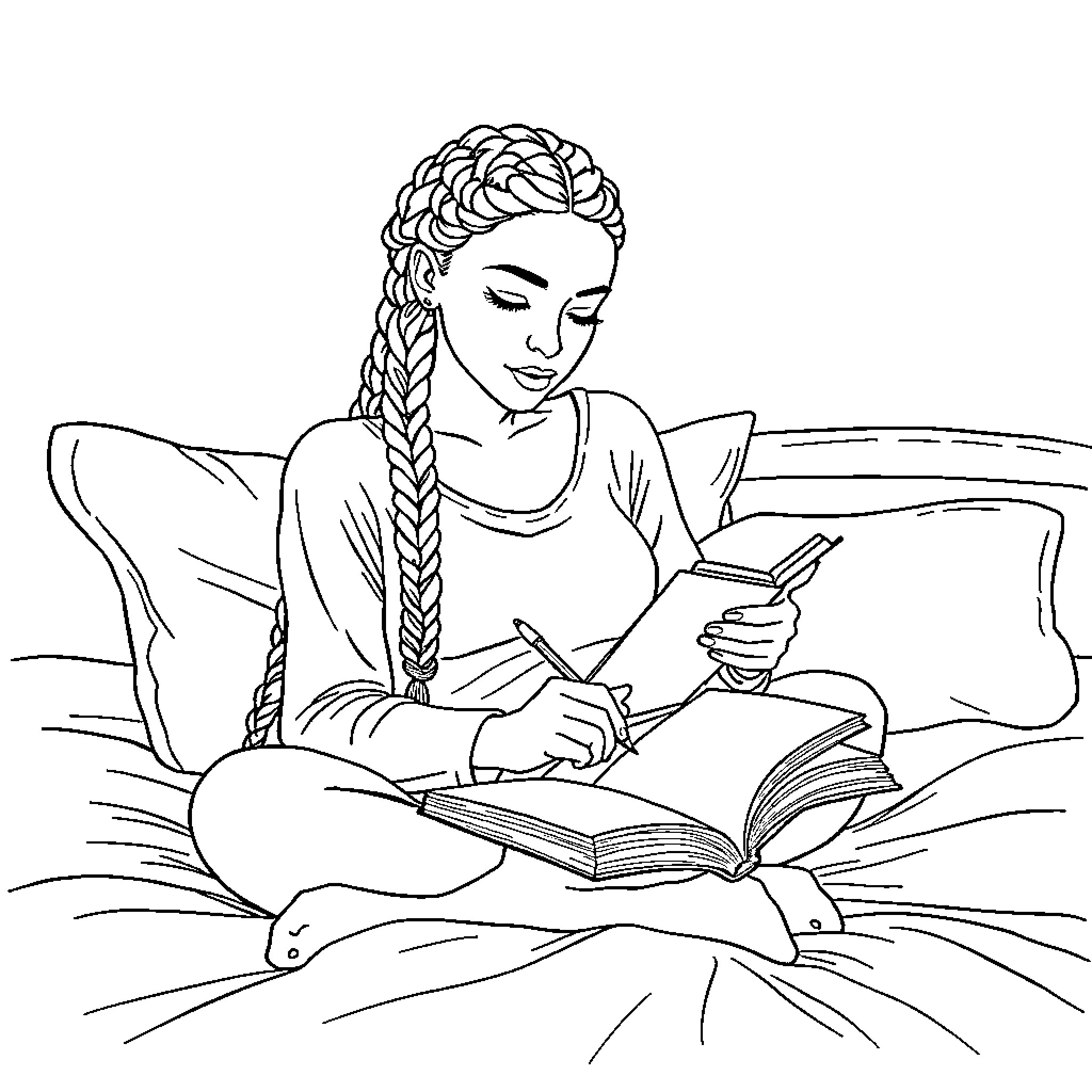 Woman studying intently in bed Coloring Page (free black-and-white line drawing printable PDF for all, from beginners to advanced learners, including children, teens, adults, and seniors)