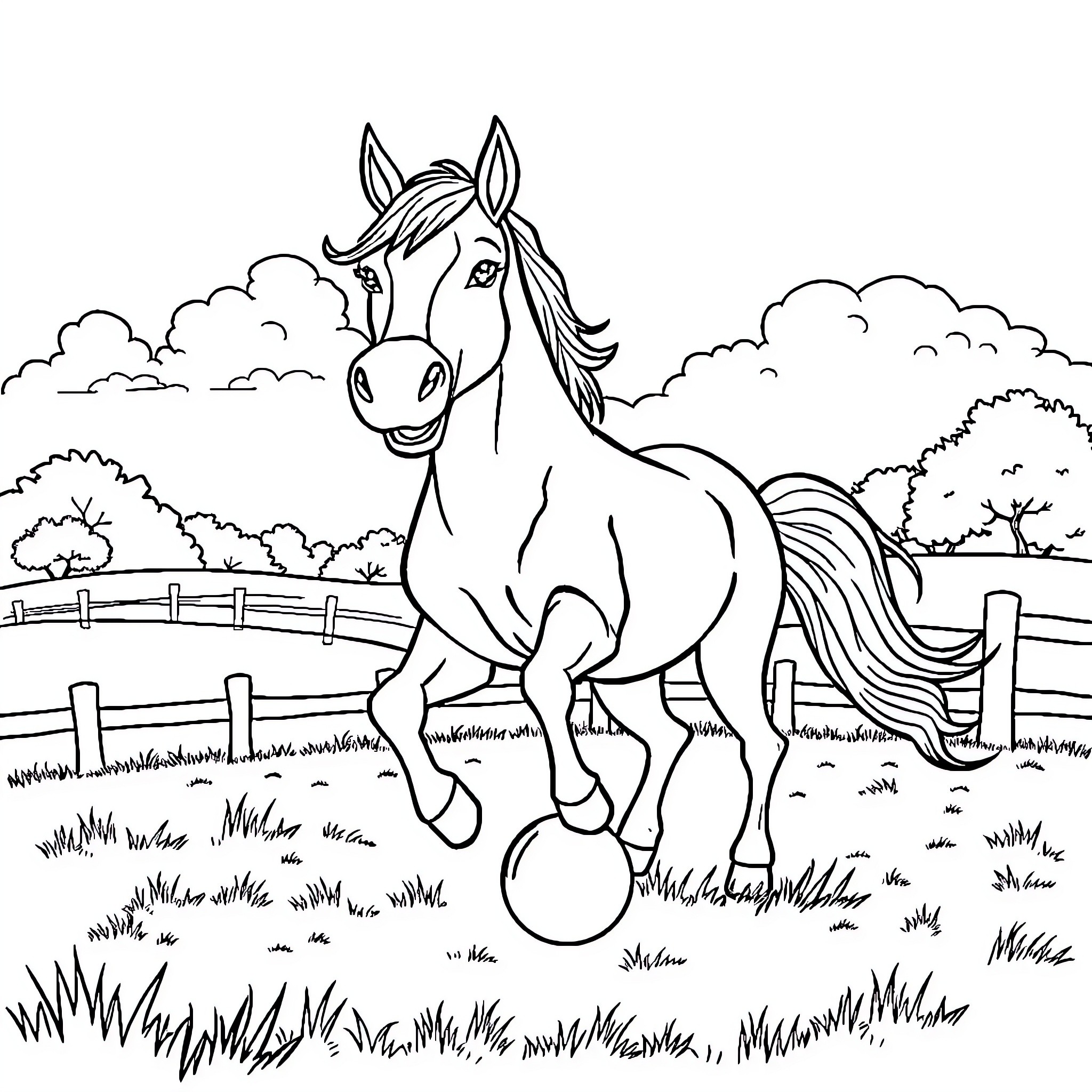 Horse playfully galloping in a pastoral scene Coloring Page (free black-and-white line drawing printable PDF for all, from beginners to advanced learners, including children, teens, adults, and seniors)