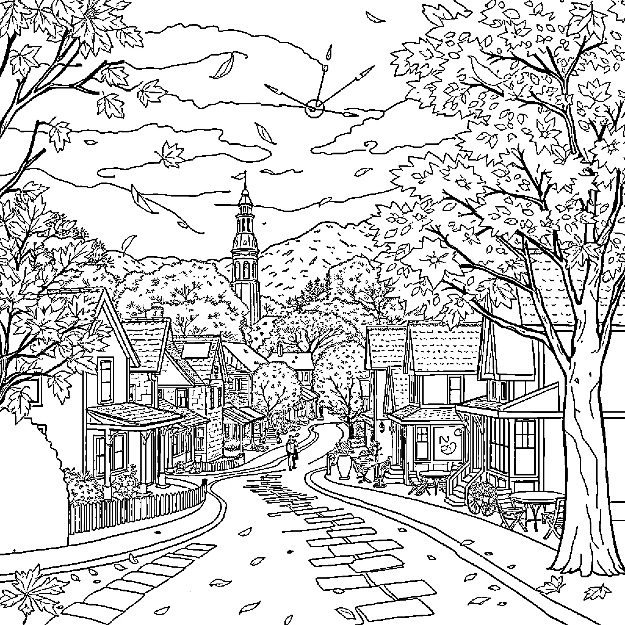 Star Autumn Village Scenery with Church Coloring Page (free black-and-white line drawing printable PDF for all, from beginners to advanced learners, including children, teens, adults, and seniors)