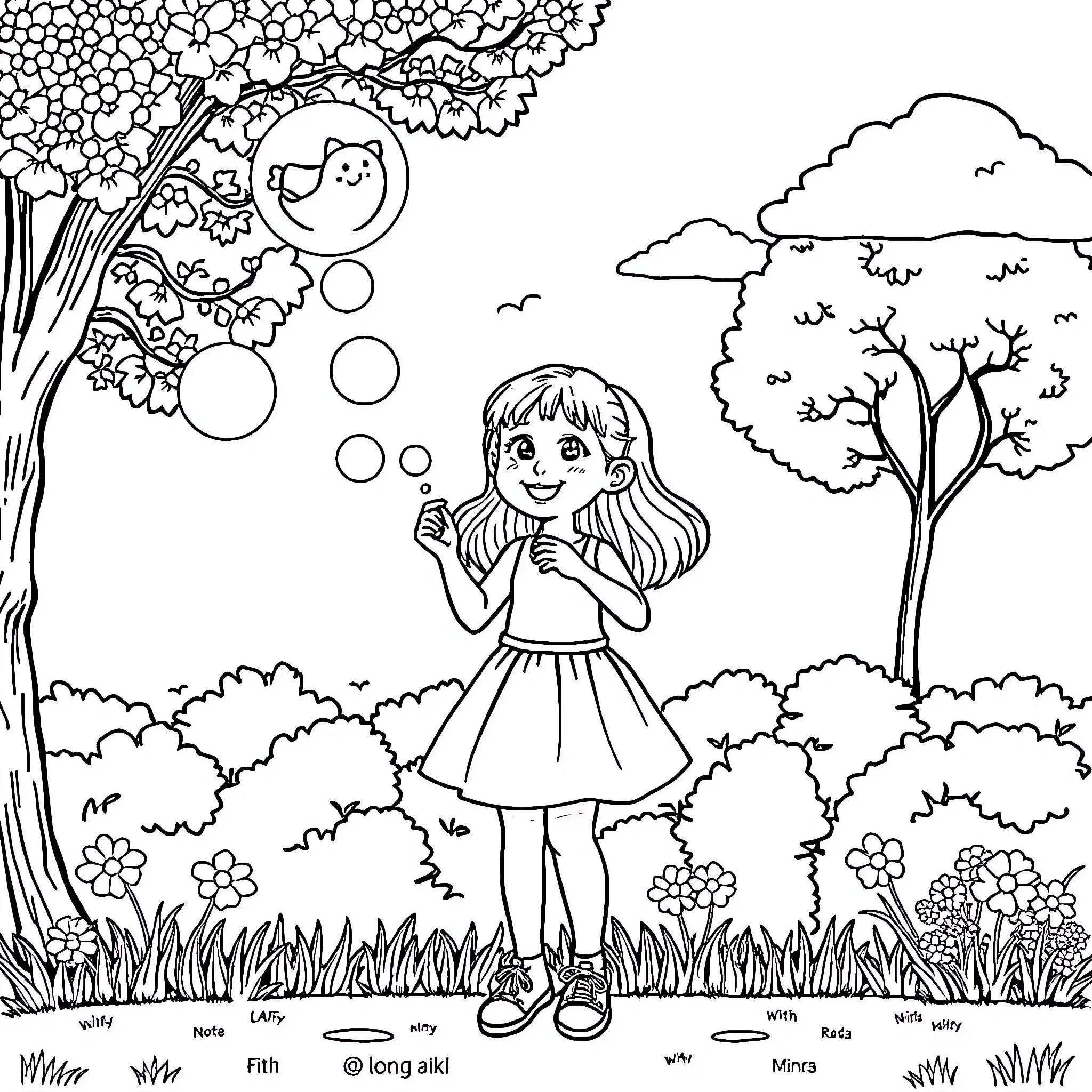 Miss Rachel blowing bubbles in the enchanted forest Coloring Page (free black-and-white line drawing printable PDF for all, from beginners to advanced learners, including children, teens, adults, and seniors)