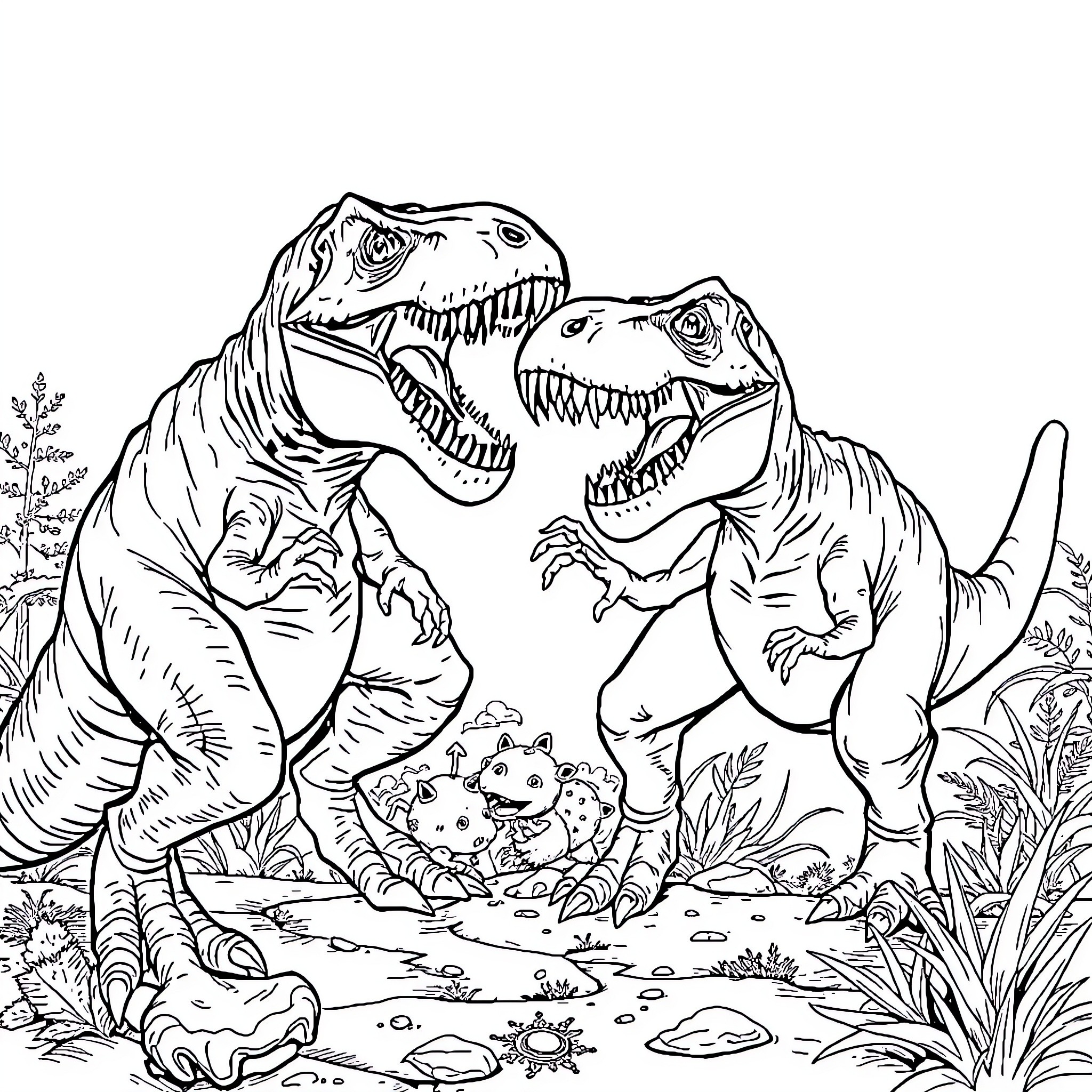T-Rex Dinosaurs Fiercely Battling in Prehistoric Setting Coloring Page (free black-and-white line drawing printable PDF for all, from beginners to advanced learners, including children, teens, adults, and seniors)