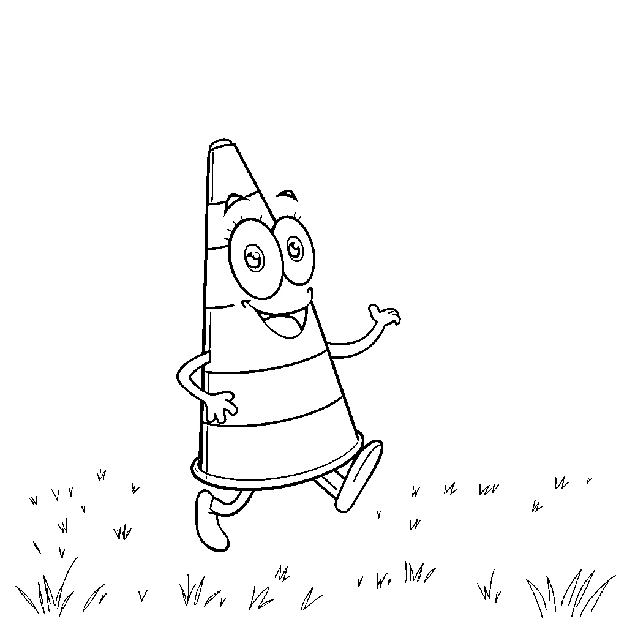 Traffic Cone's Joyful Romp through the Meadow Coloring Page (free black-and-white line drawing printable PDF for all, from beginners to advanced learners, including children, teens, adults, and seniors)