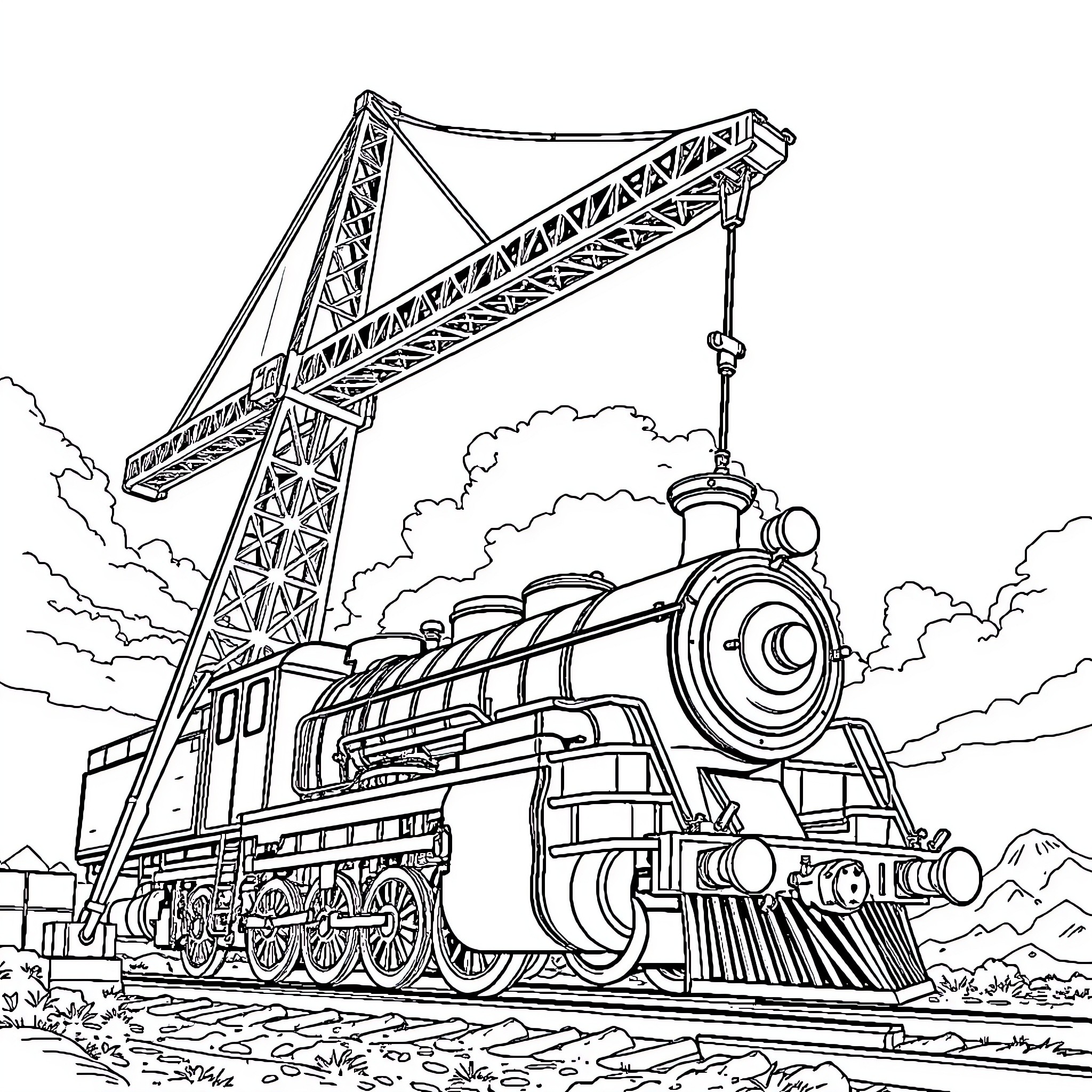 Crane lifting steam locomotive on railroad tracks Coloring Page (free black-and-white line drawing printable PDF for all, from beginners to advanced learners, including children, teens, adults, and seniors)
