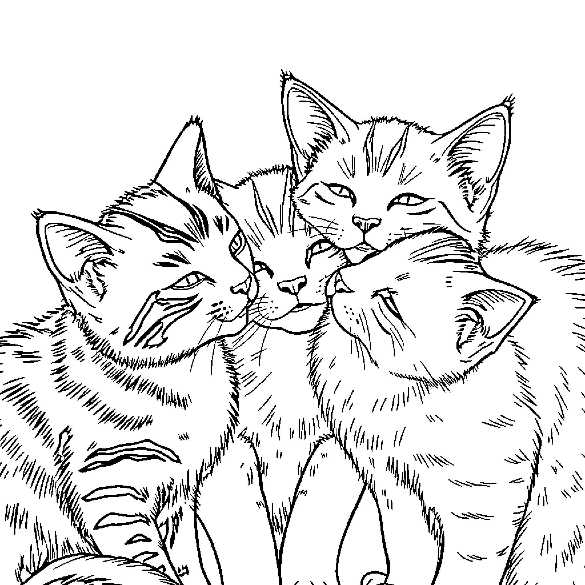 Cat Trio Snuggling Affectionately Coloring Page (free black-and-white line drawing printable PDF for all, from beginners to advanced learners, including children, teens, adults, and seniors)