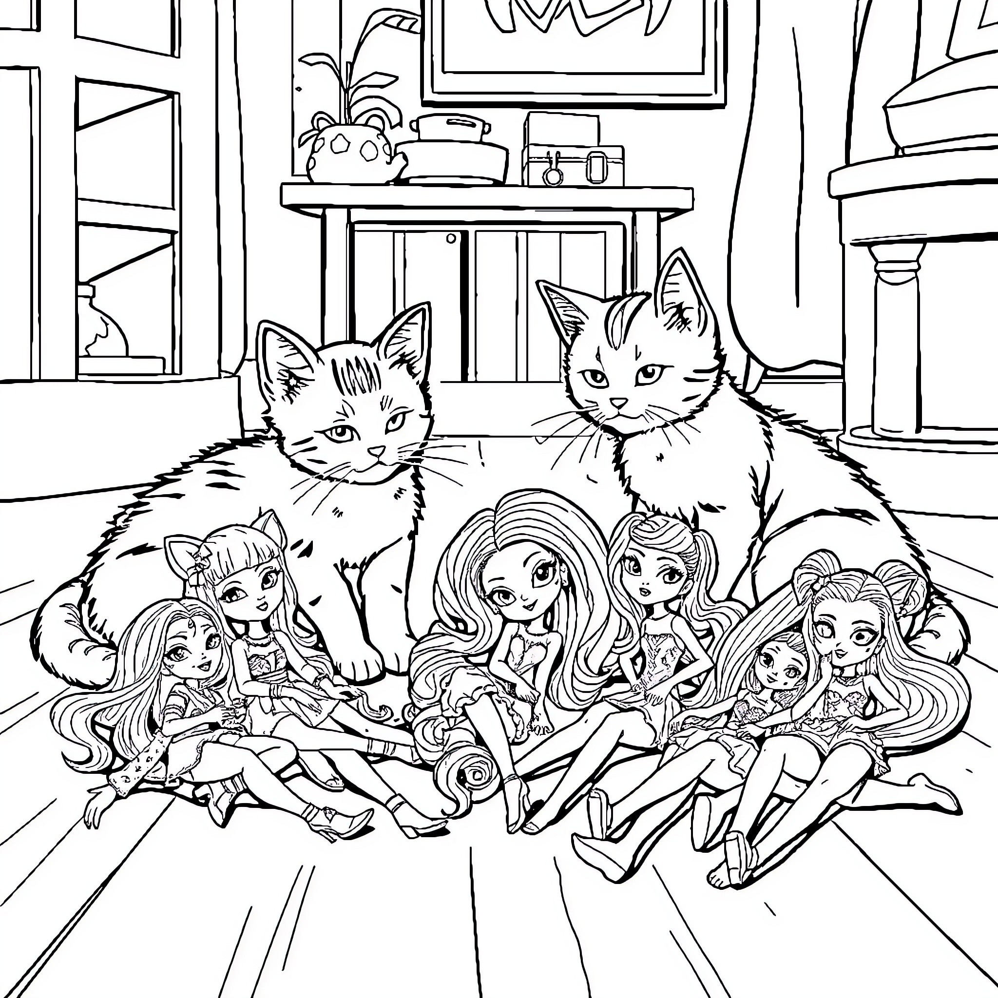 Cat companions with group of dolls in room Coloring Page (free black-and-white line drawing printable PDF for all, from beginners to advanced learners, including children, teens, adults, and seniors)