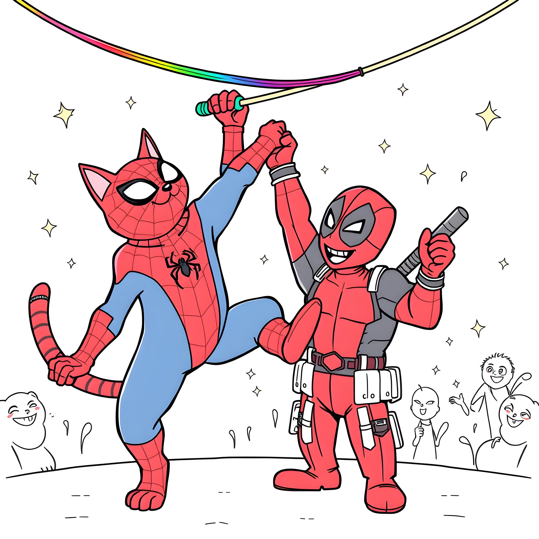Cat superhero and sidekick performing heroic acts Coloring Page (free black-and-white line drawing printable PDF for all, from beginners to advanced learners, including children, teens, adults, and seniors)