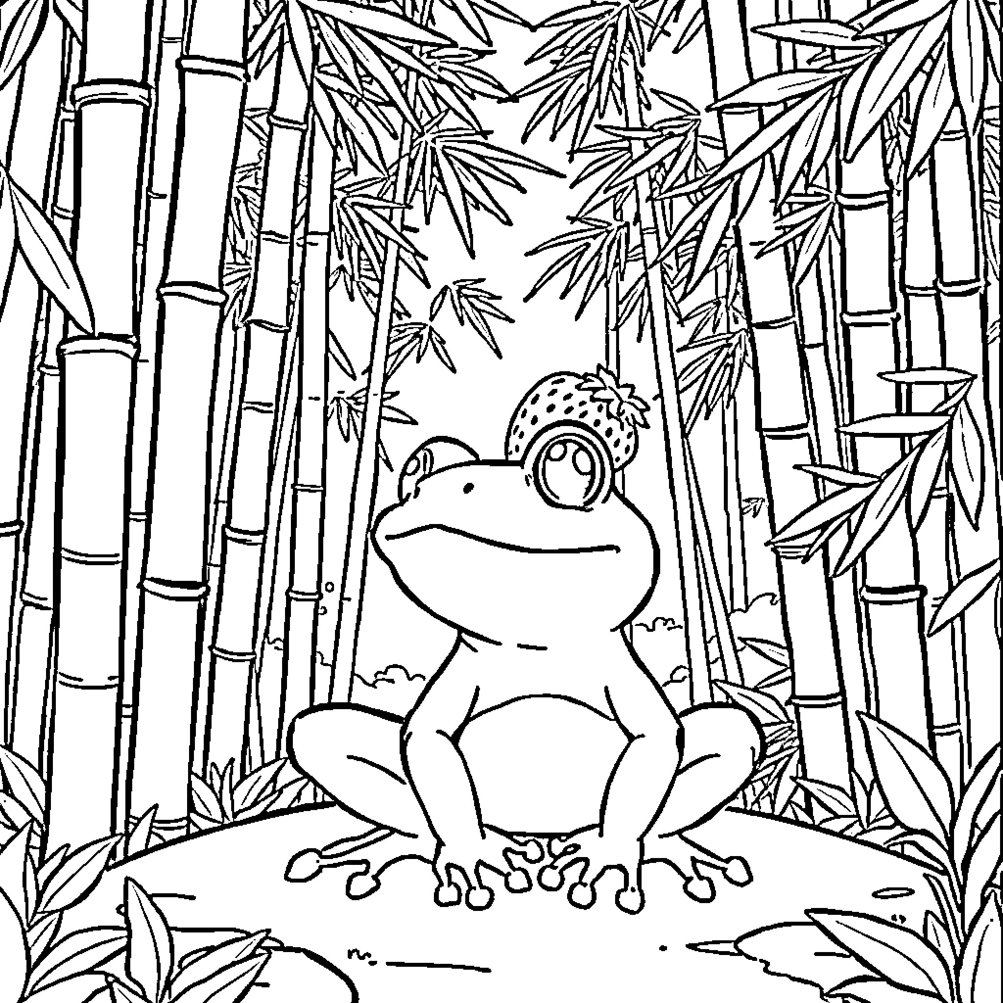 Frog sitting in bamboo forest Coloring Page (free black-and-white line drawing printable PDF for all, from beginners to advanced learners, including children, teens, adults, and seniors)