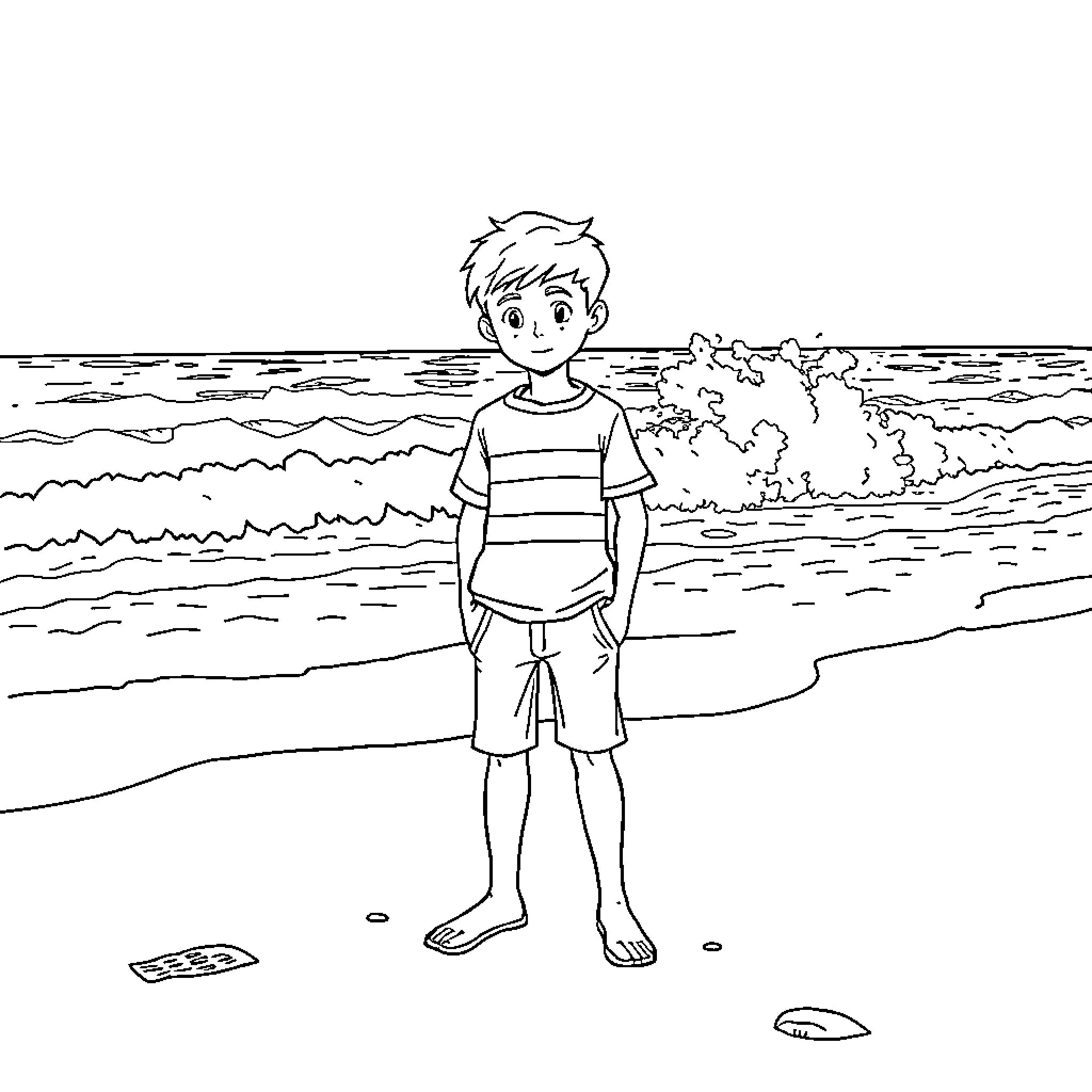 Eleven year old boy standing on the beach Coloring Page (free black-and-white line drawing printable PDF for all, from beginners to advanced learners, including children, teens, adults, and seniors)