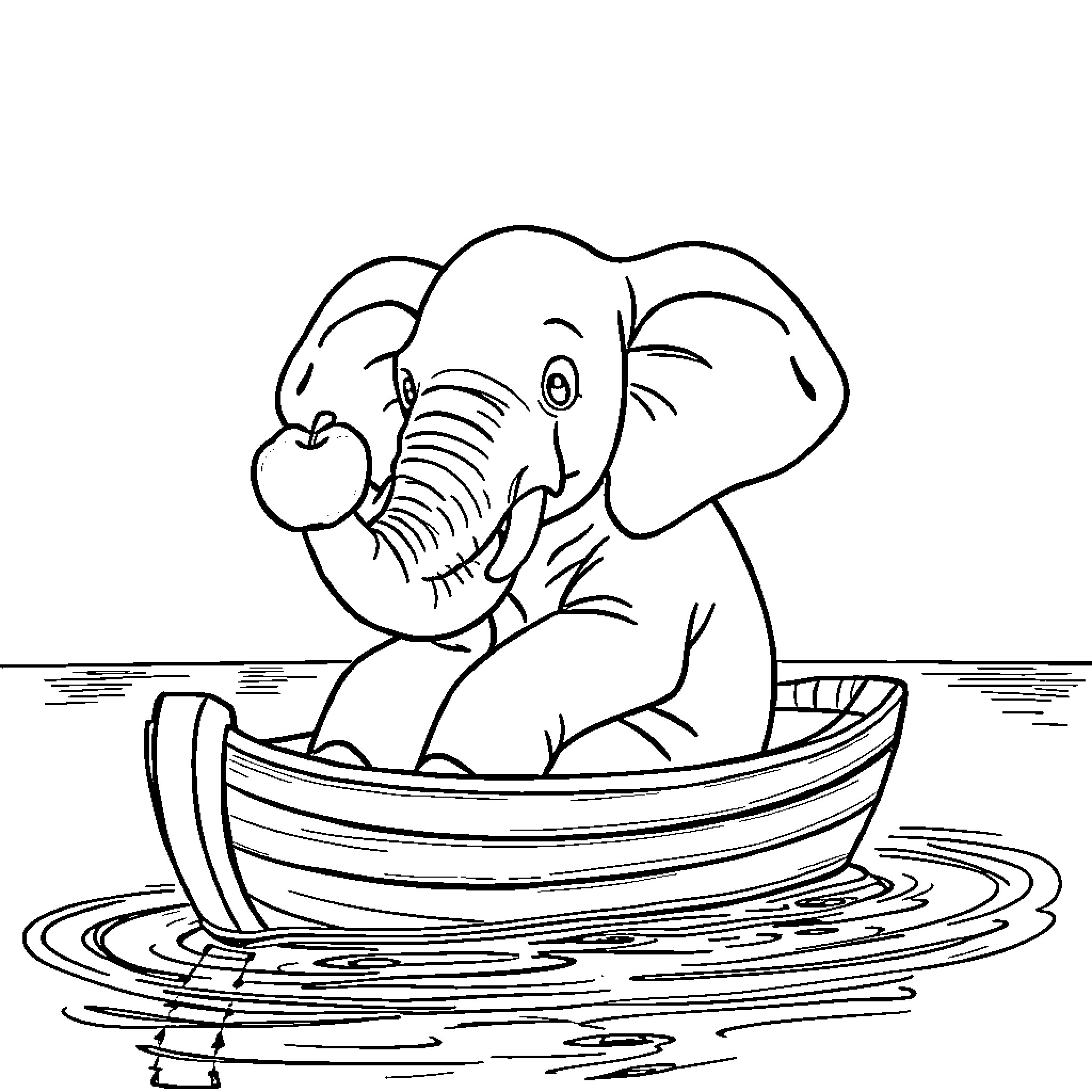 Elephant playing cheerfully in a boat on the water Coloring Page (free black-and-white line drawing printable PDF for all, from beginners to advanced learners, including children, teens, adults, and seniors)