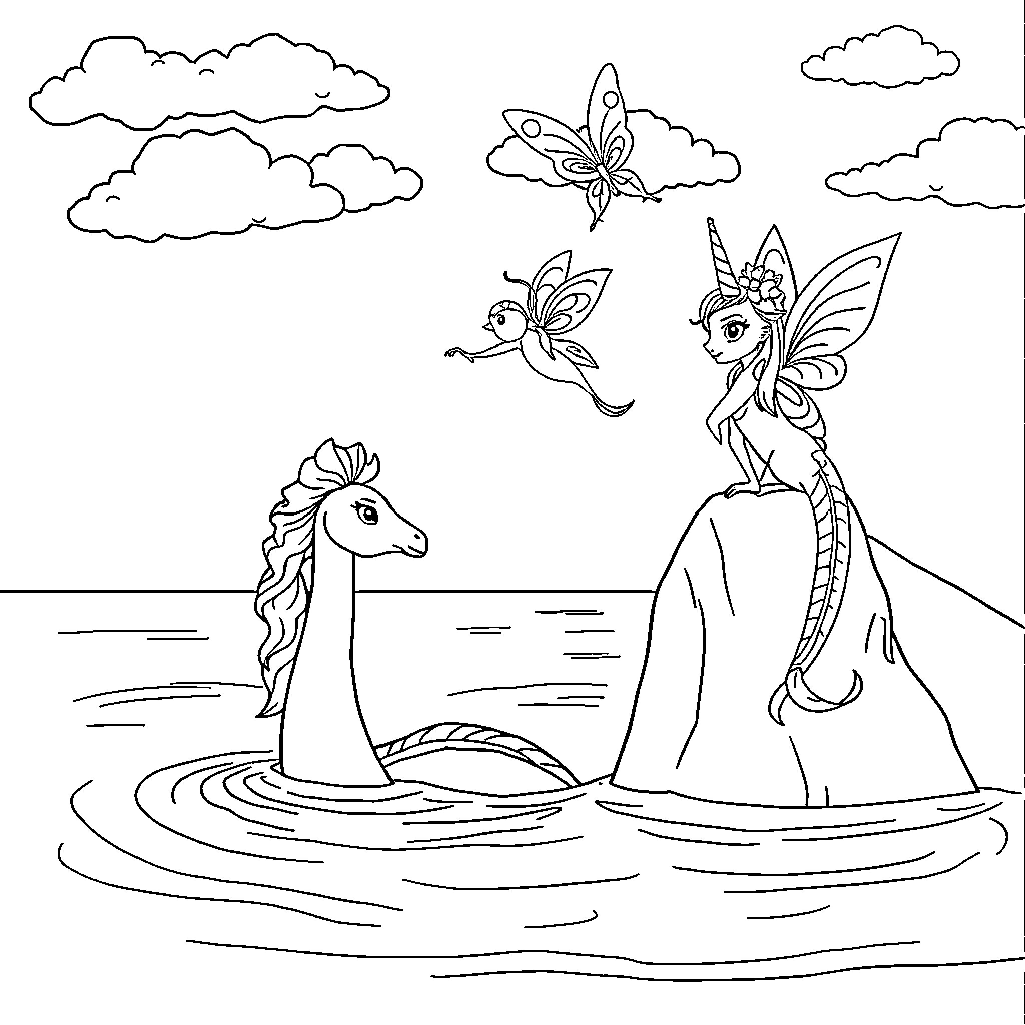 Mermaid and fairy friends play in enchanted waters Coloring Page (free black-and-white line drawing printable PDF for all, from beginners to advanced learners, including children, teens, adults, and seniors)