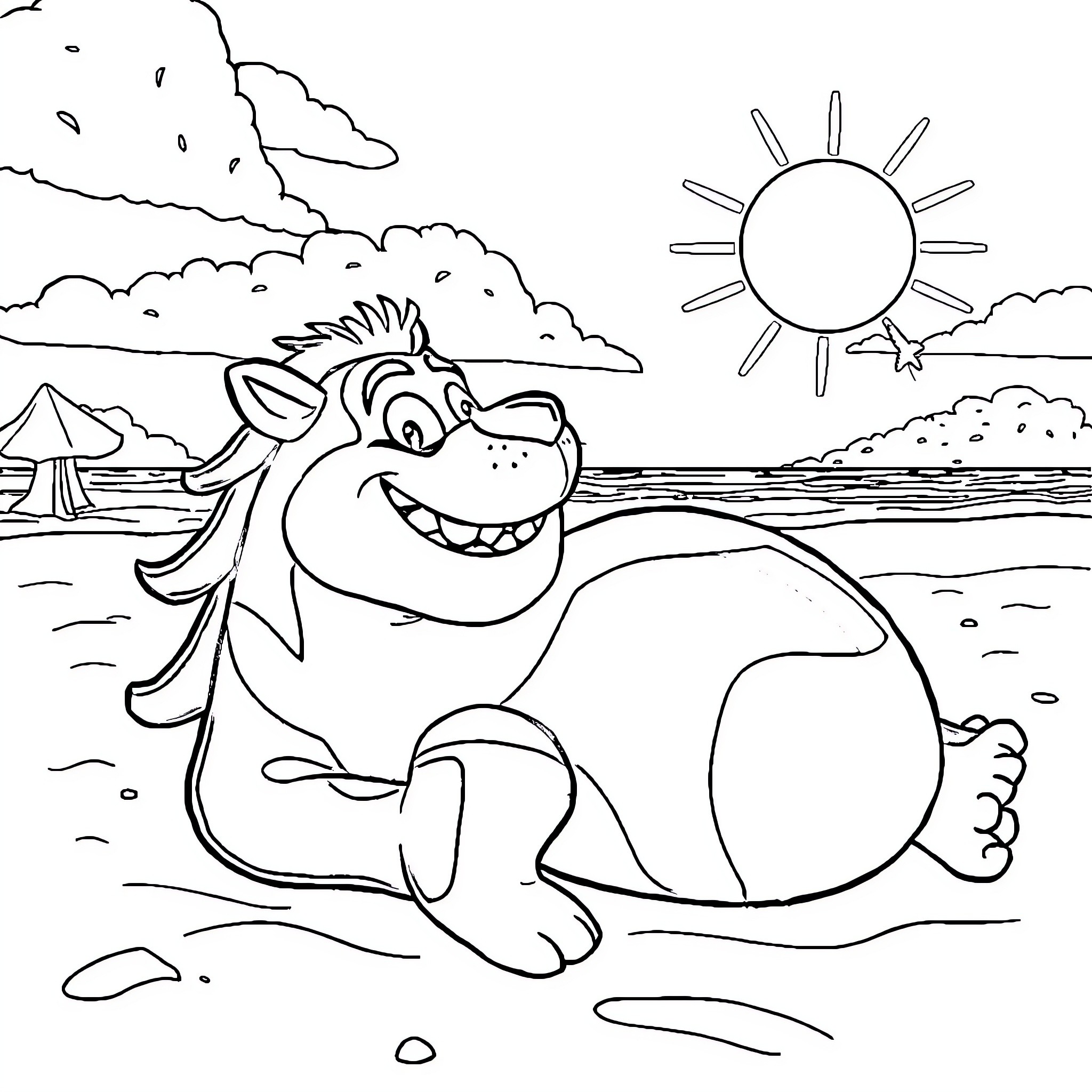 Jax's Playful Adventure on the Beach Coloring Page (free black-and-white line drawing printable PDF for all, from beginners to advanced learners, including children, teens, adults, and seniors)