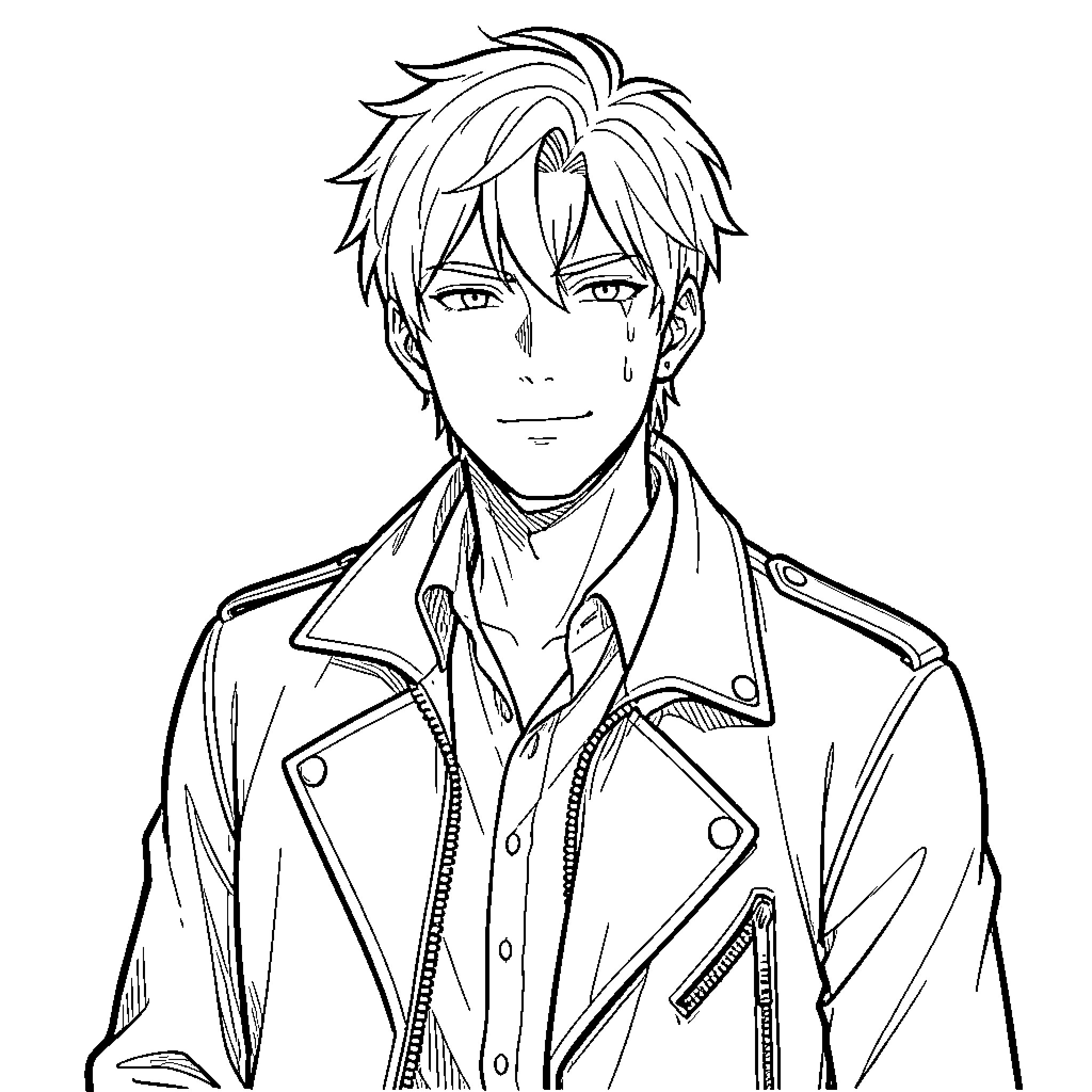 Manhwa Character in Leather Jacket with Expressive Eyes Coloring Page (free black-and-white line drawing printable PDF for all, from beginners to advanced learners, including children, teens, adults, and seniors)