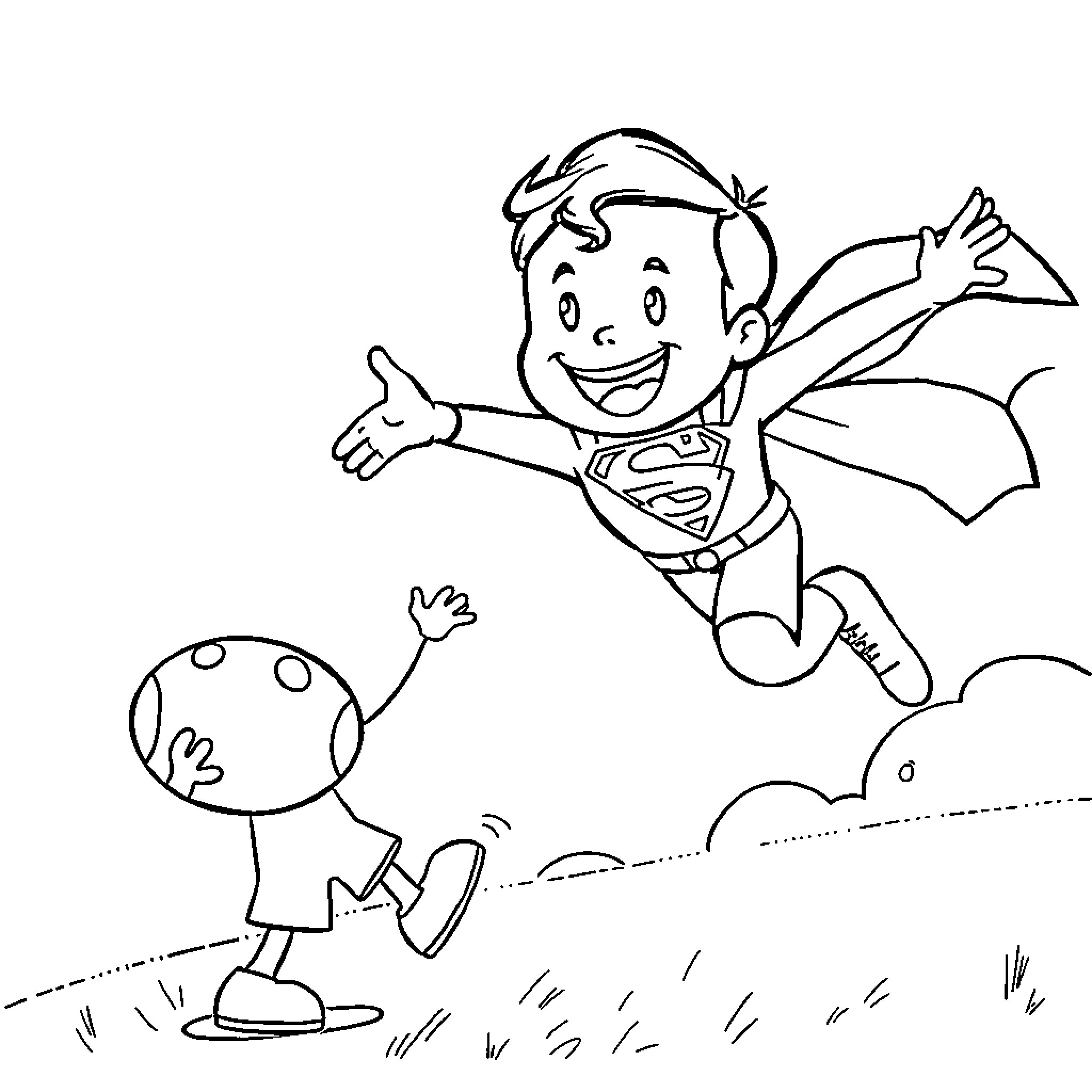 Bluey playing superheroes with friend Coloring Page (free black-and-white line drawing printable PDF for all, from beginners to advanced learners, including children, teens, adults, and seniors)