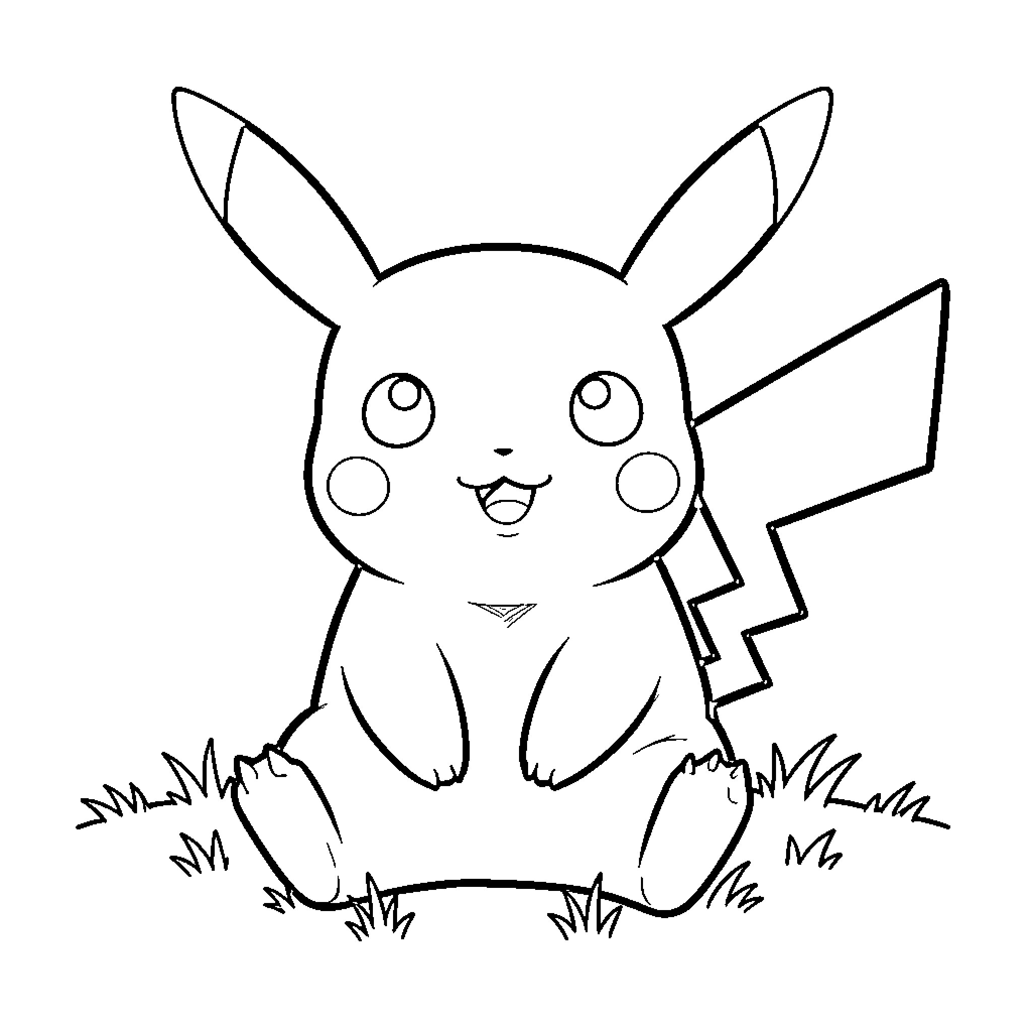Pikachu sitting happily in the grass Coloring Page (free black-and-white line drawing printable PDF for all, from beginners to advanced learners, including children, teens, adults, and seniors)