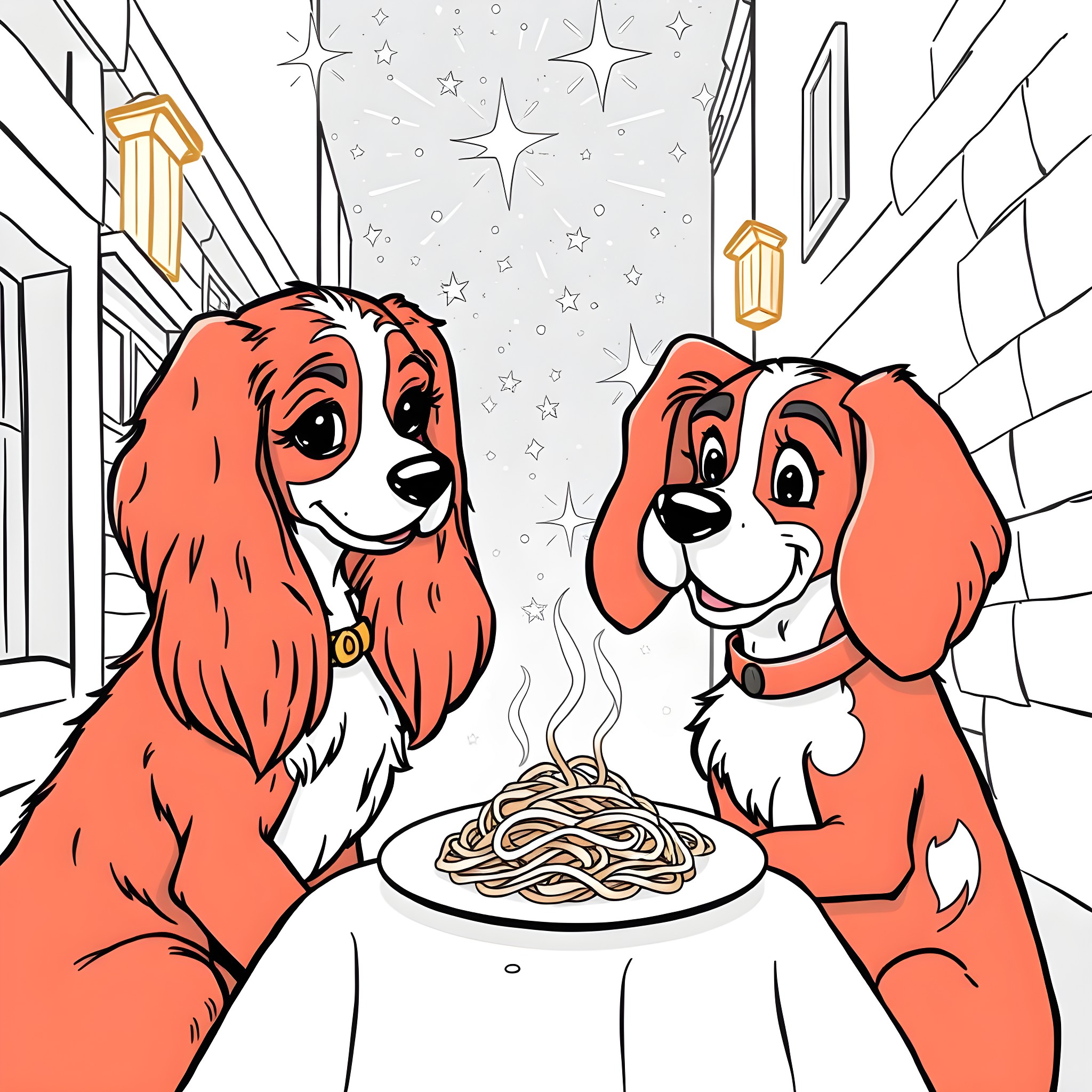 Lady And The Tramp Sharing Romantic Spaghetti Meal Coloring Page (free black-and-white line drawing printable PDF for all, from beginners to advanced learners, including children, teens, adults, and seniors)
