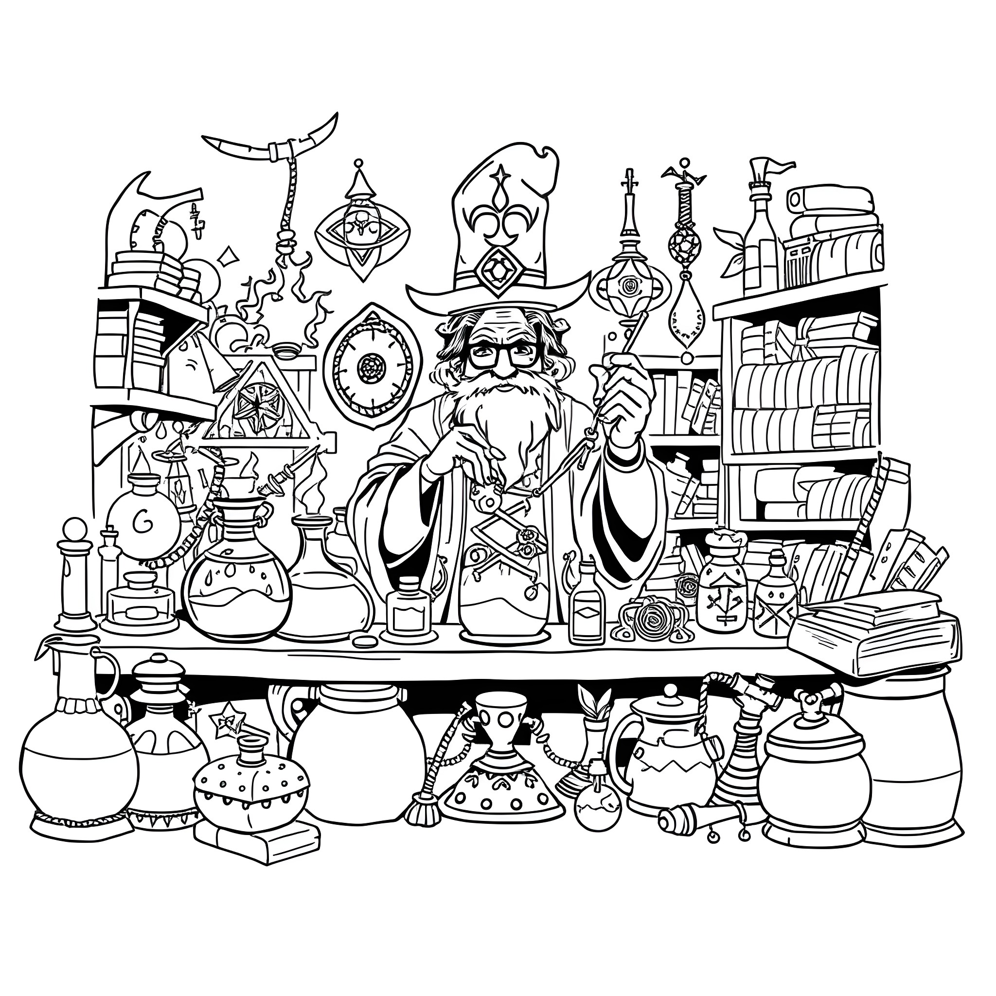 Alchemist surrounded by mystical objects and potions Coloring Page (free black-and-white line drawing printable PDF for all, from beginners to advanced learners, including children, teens, adults, and seniors)