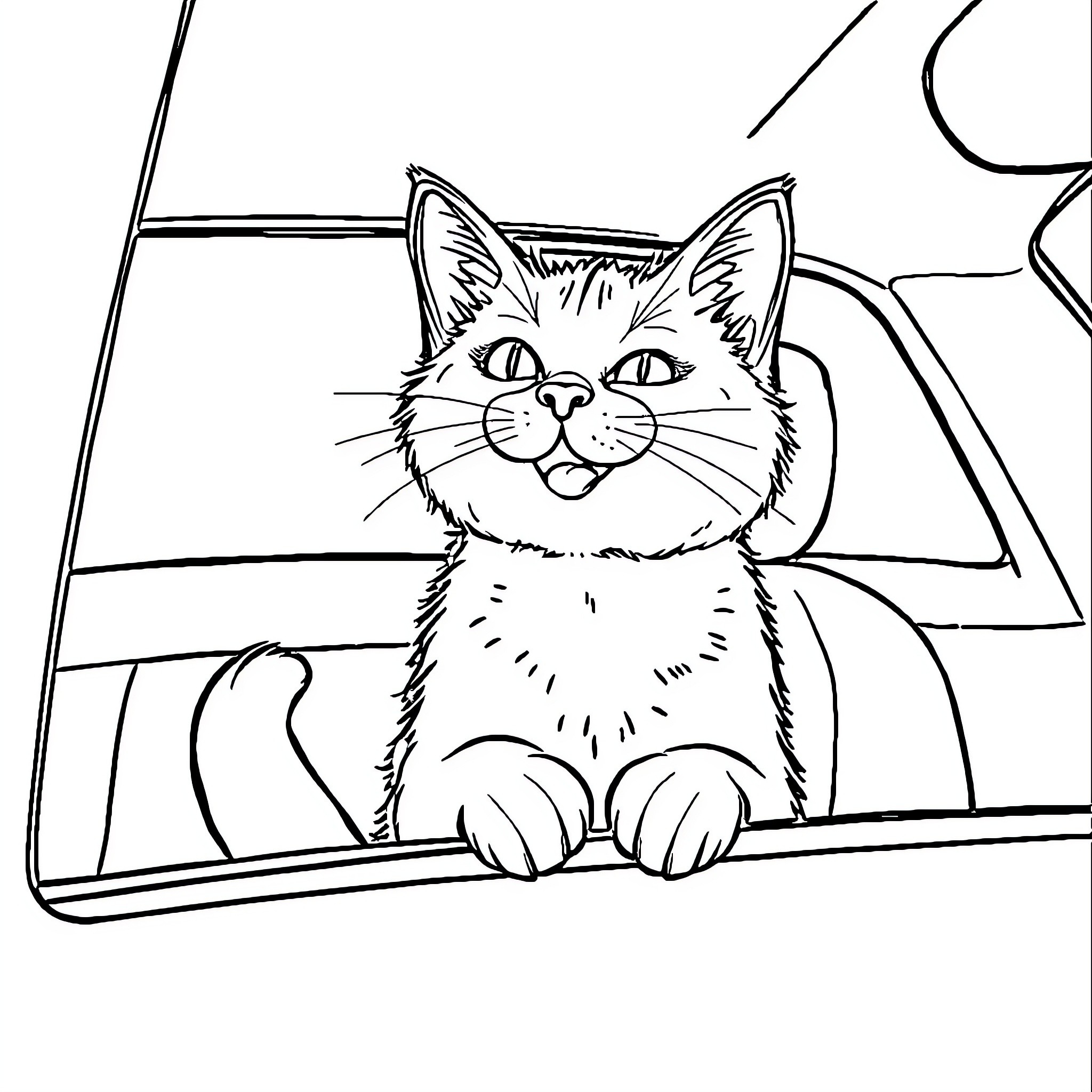 Cat peeking curiously from inside a window Coloring Page (free black-and-white line drawing printable PDF for all, from beginners to advanced learners, including children, teens, adults, and seniors)