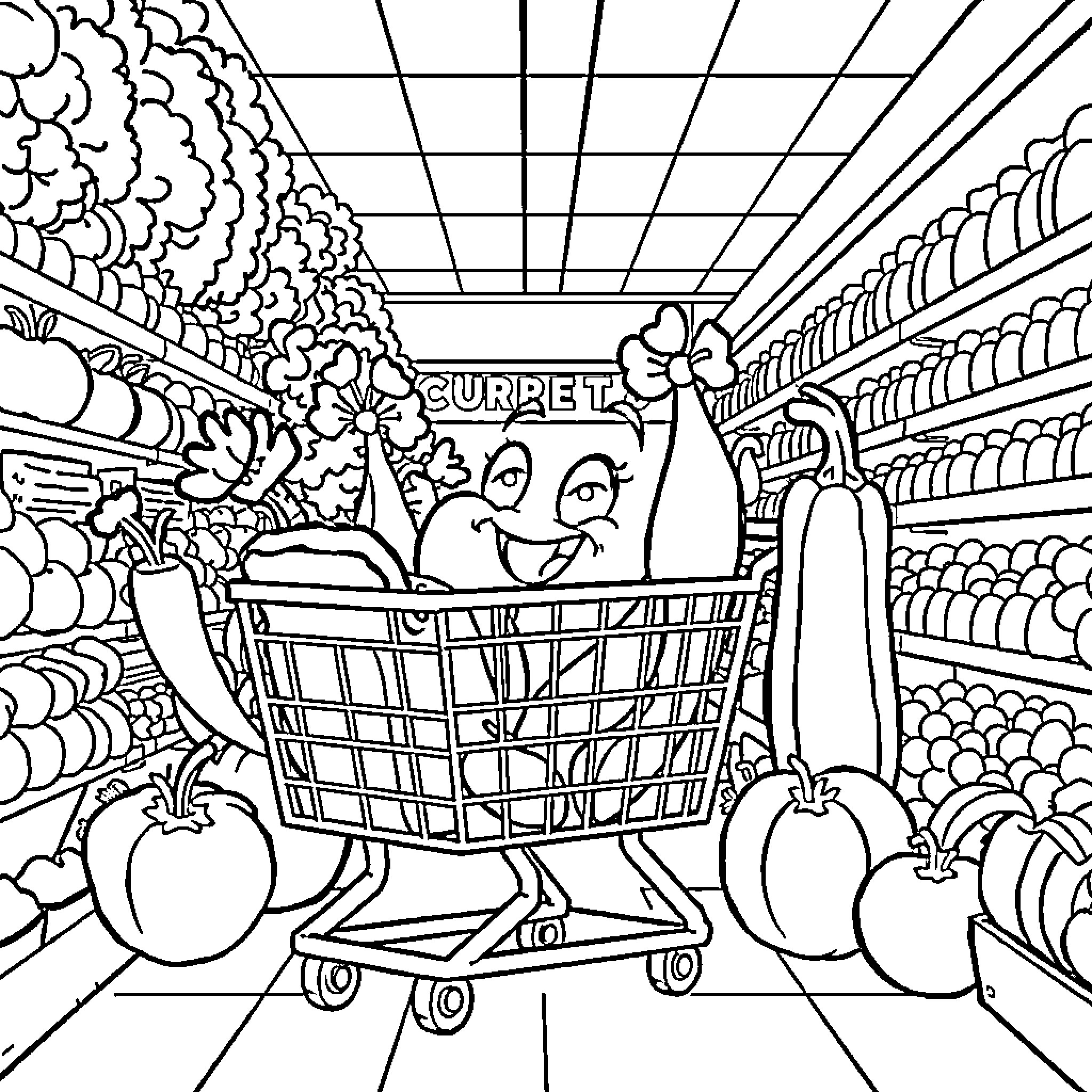 Grocery Cart Filled with Cheerful Produce in Supermarket Coloring Page (free black-and-white line drawing printable PDF for all, from beginners to advanced learners, including children, teens, adults, and seniors)