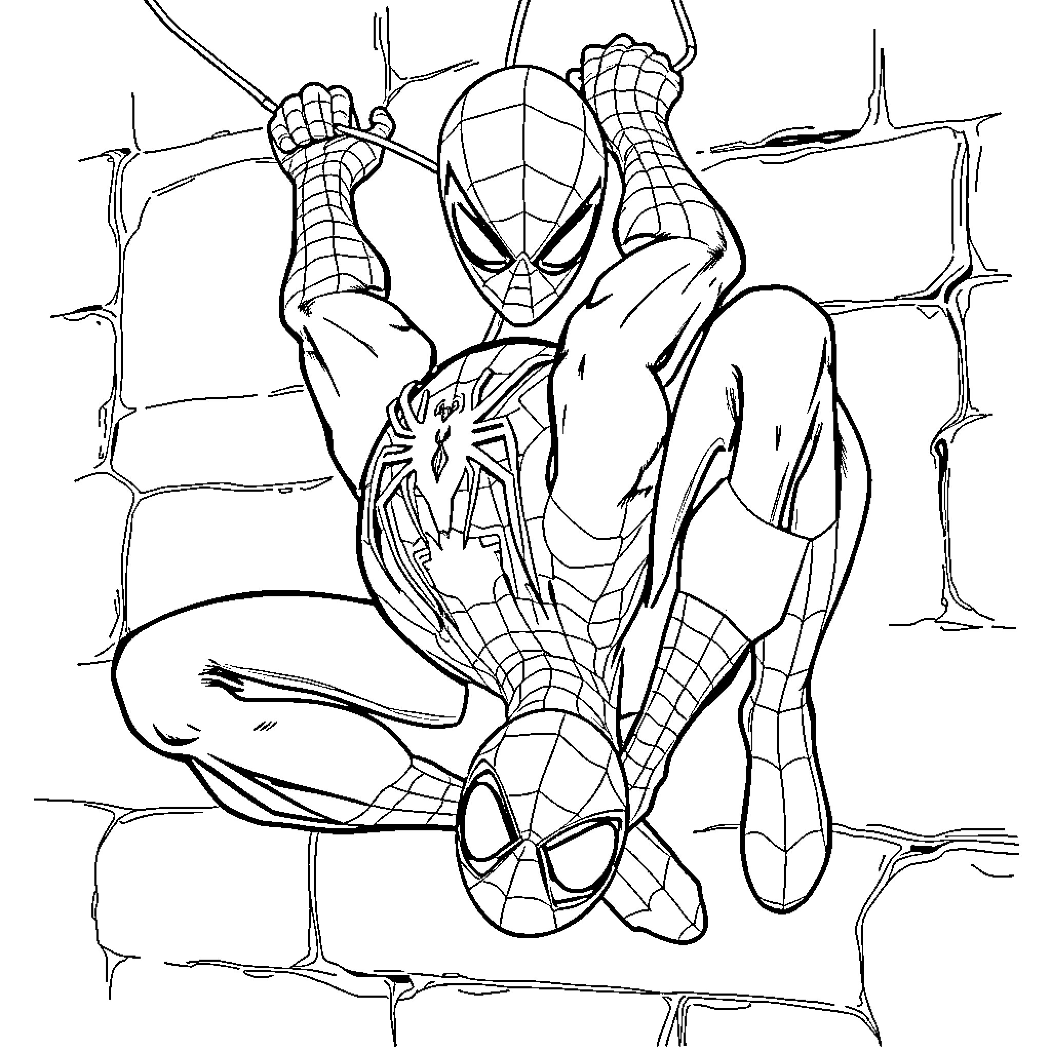 Spider-Man climbing on a web Coloring Page (free black-and-white line drawing printable PDF for all, from beginners to advanced learners, including children, teens, adults, and seniors)