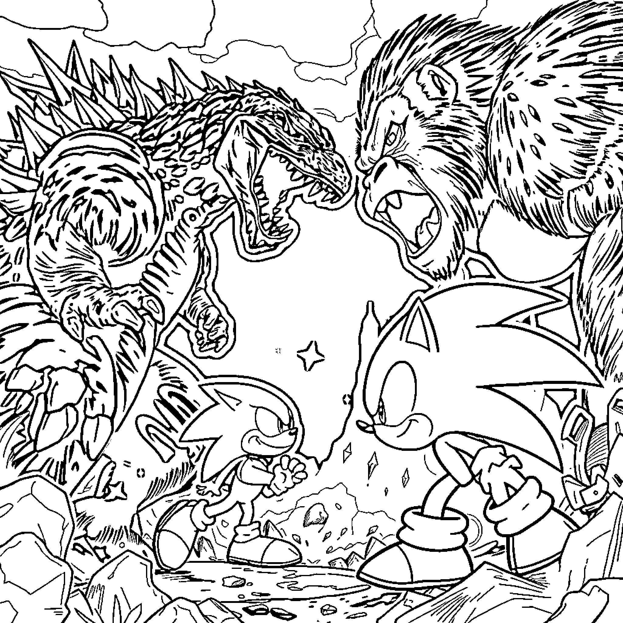 Godzilla and Sonic battle against monstrous creatures Coloring Page (free black-and-white line drawing printable PDF for all, from beginners to advanced learners, including children, teens, adults, and seniors)