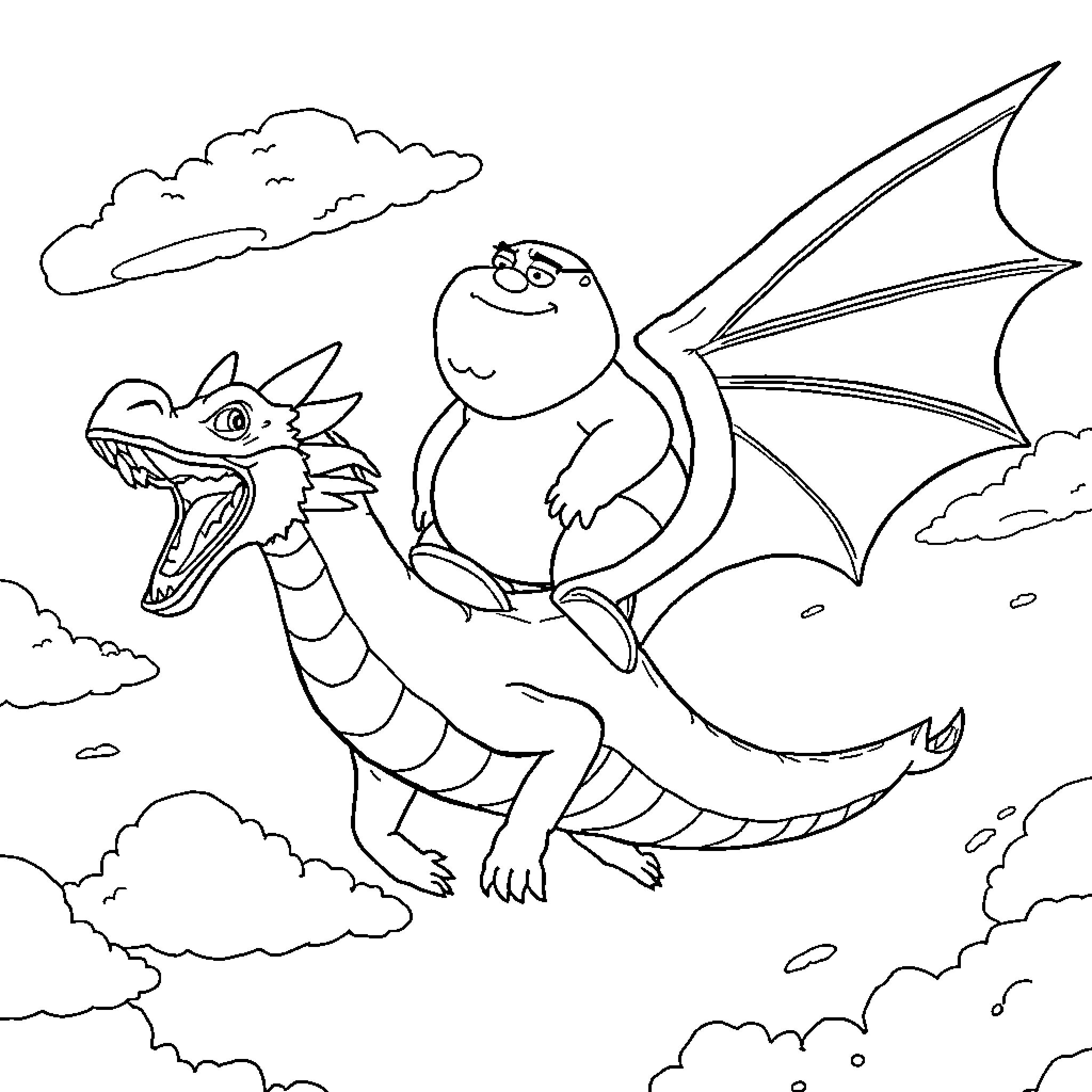Peter Griffin riding a dragon in the sky Coloring Page (free black-and-white line drawing printable PDF for all, from beginners to advanced learners, including children, teens, adults, and seniors)