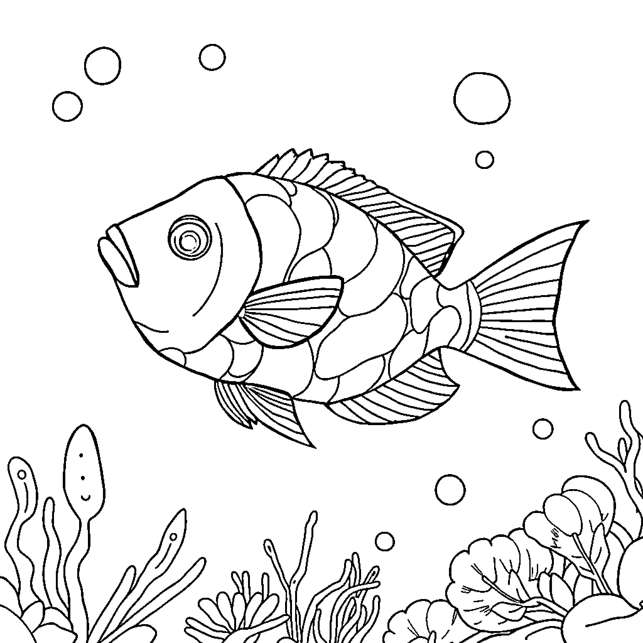 Fish swimming playfully among coral reefs Coloring Page (free black-and-white line drawing printable PDF for all, from beginners to advanced learners, including children, teens, adults, and seniors)