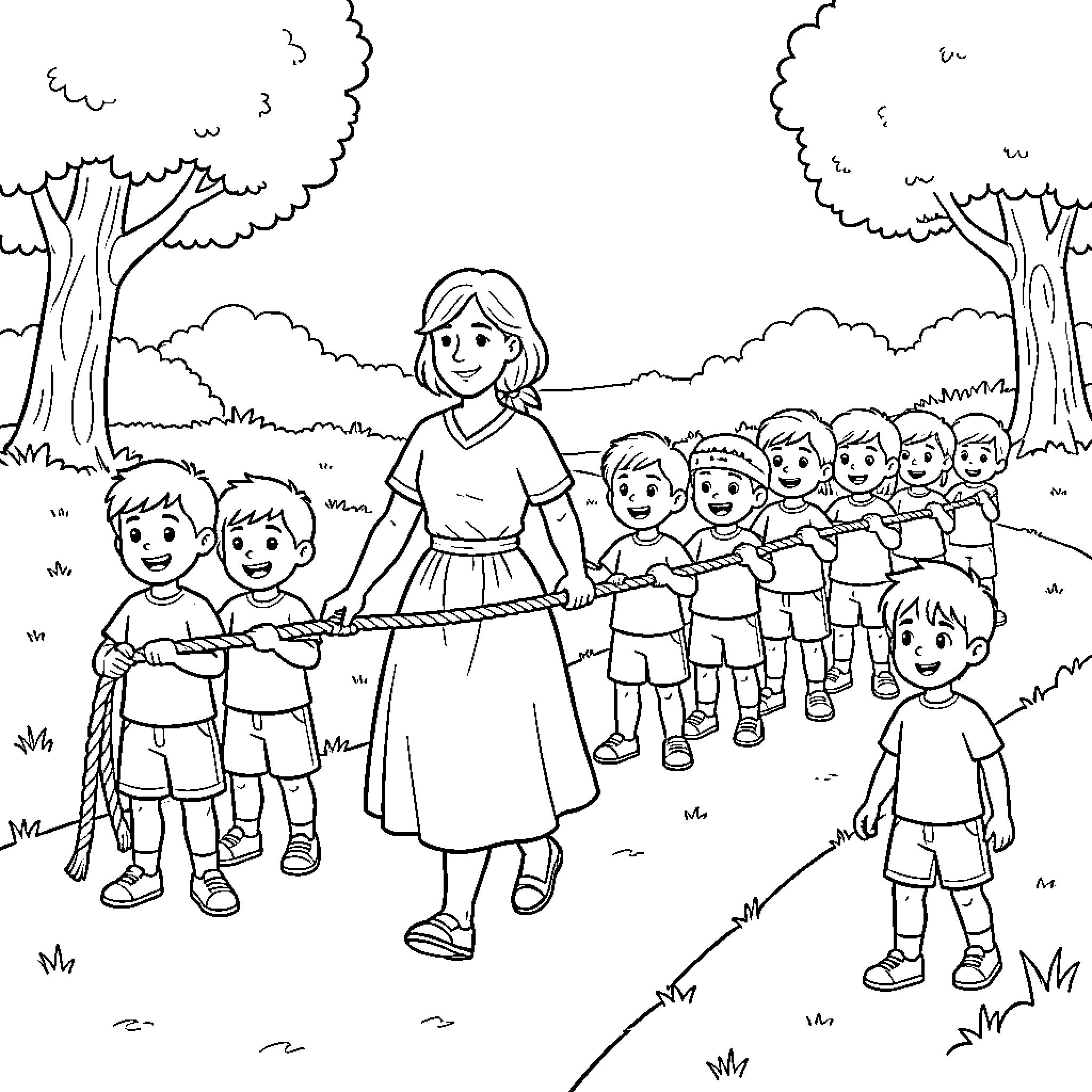 Maestra leading children playing tug of war outdoors Coloring Page (free black-and-white line drawing printable PDF for all, from beginners to advanced learners, including children, teens, adults, and seniors)