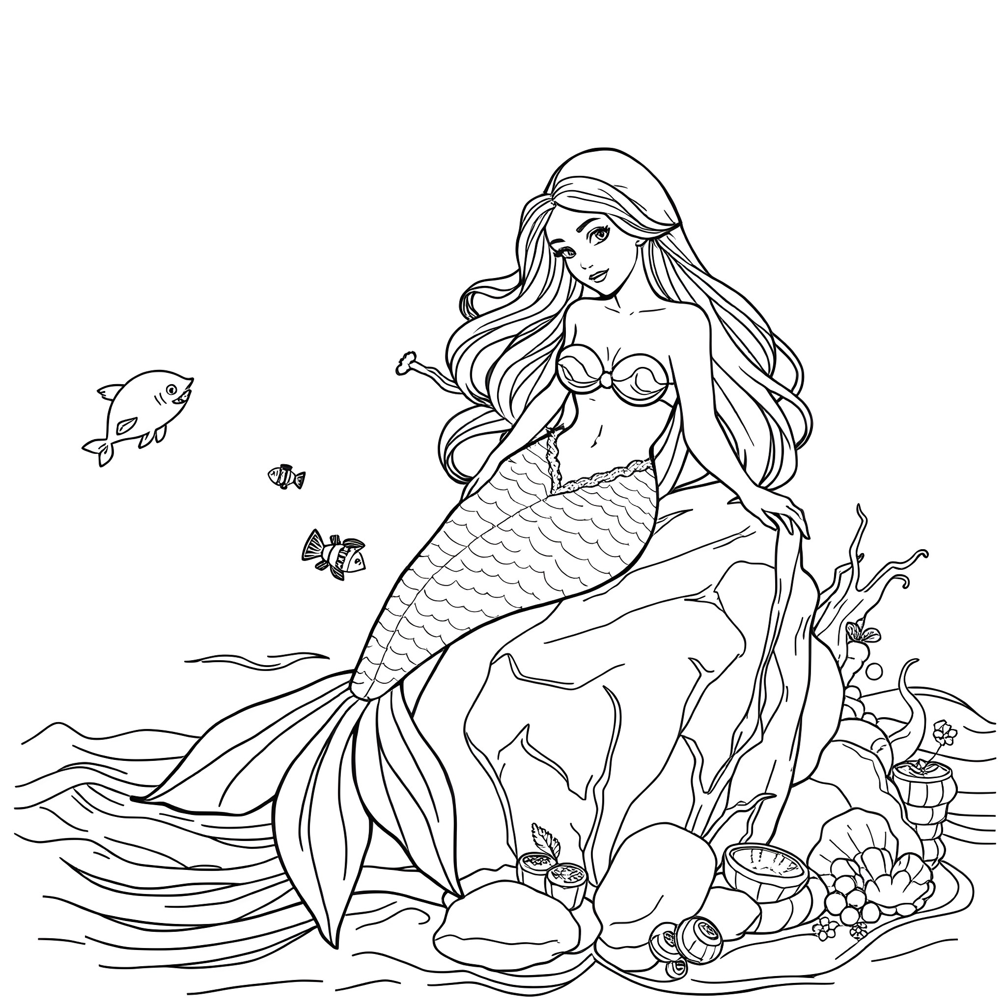 Mermaid swimming among marine life Coloring Page (free black-and-white line drawing printable PDF for all, from beginners to advanced learners, including children, teens, adults, and seniors)
