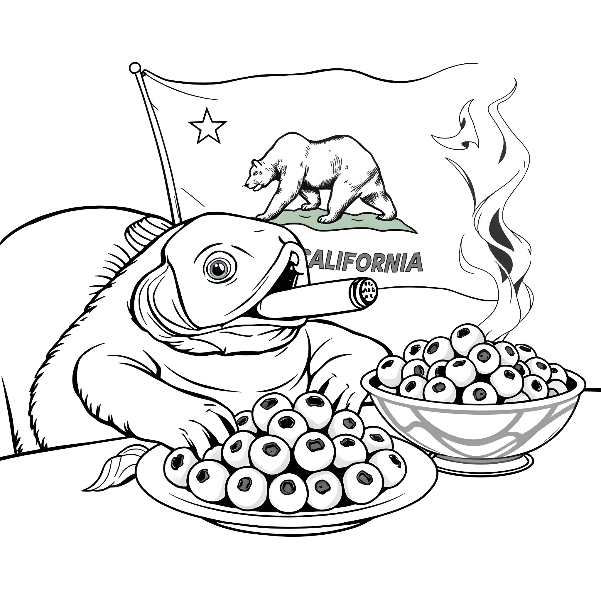Catfish carrying California flag with a plate of eyeballs Coloring Page (free black-and-white line drawing printable PDF for all, from beginners to advanced learners, including children, teens, adults, and seniors)