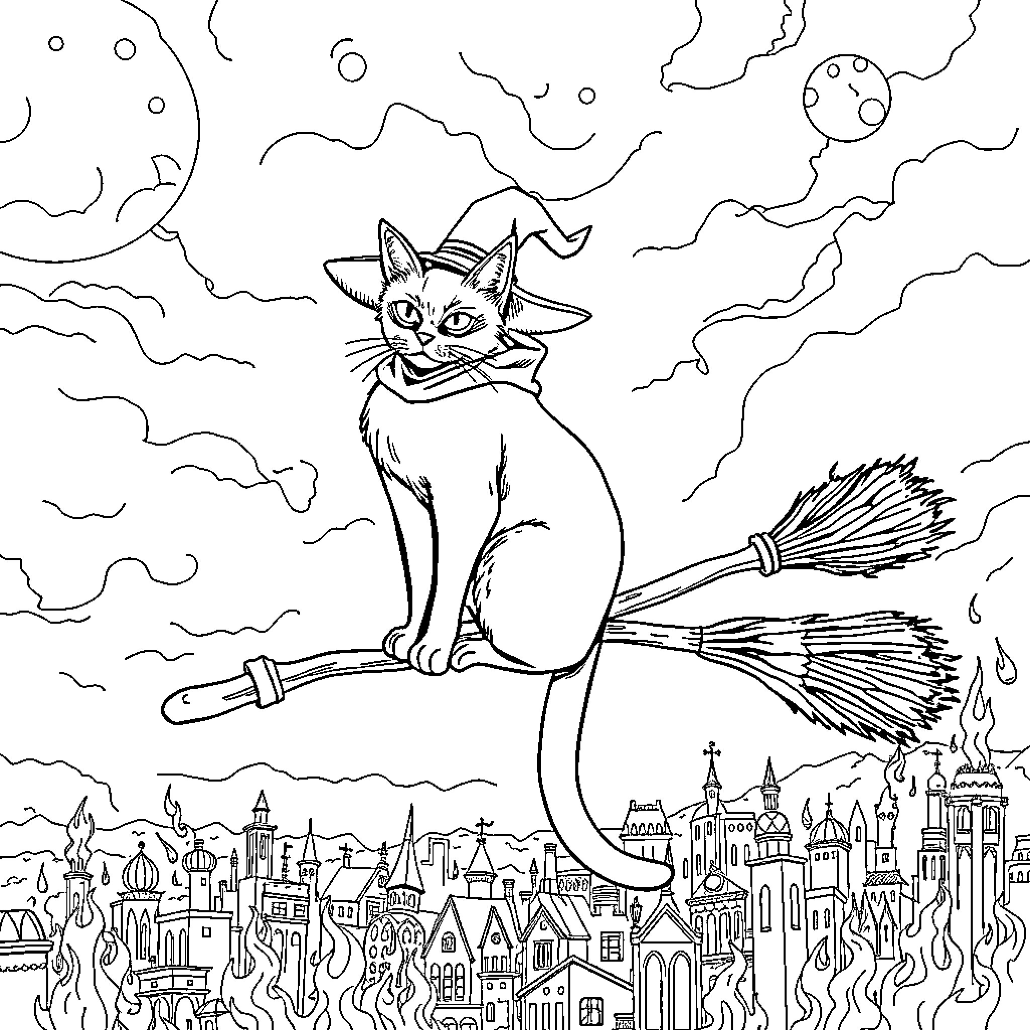 Cat Riding a Broomstick Over a Magical City Coloring Page (free black-and-white line drawing printable PDF for all, from beginners to advanced learners, including children, teens, adults, and seniors)