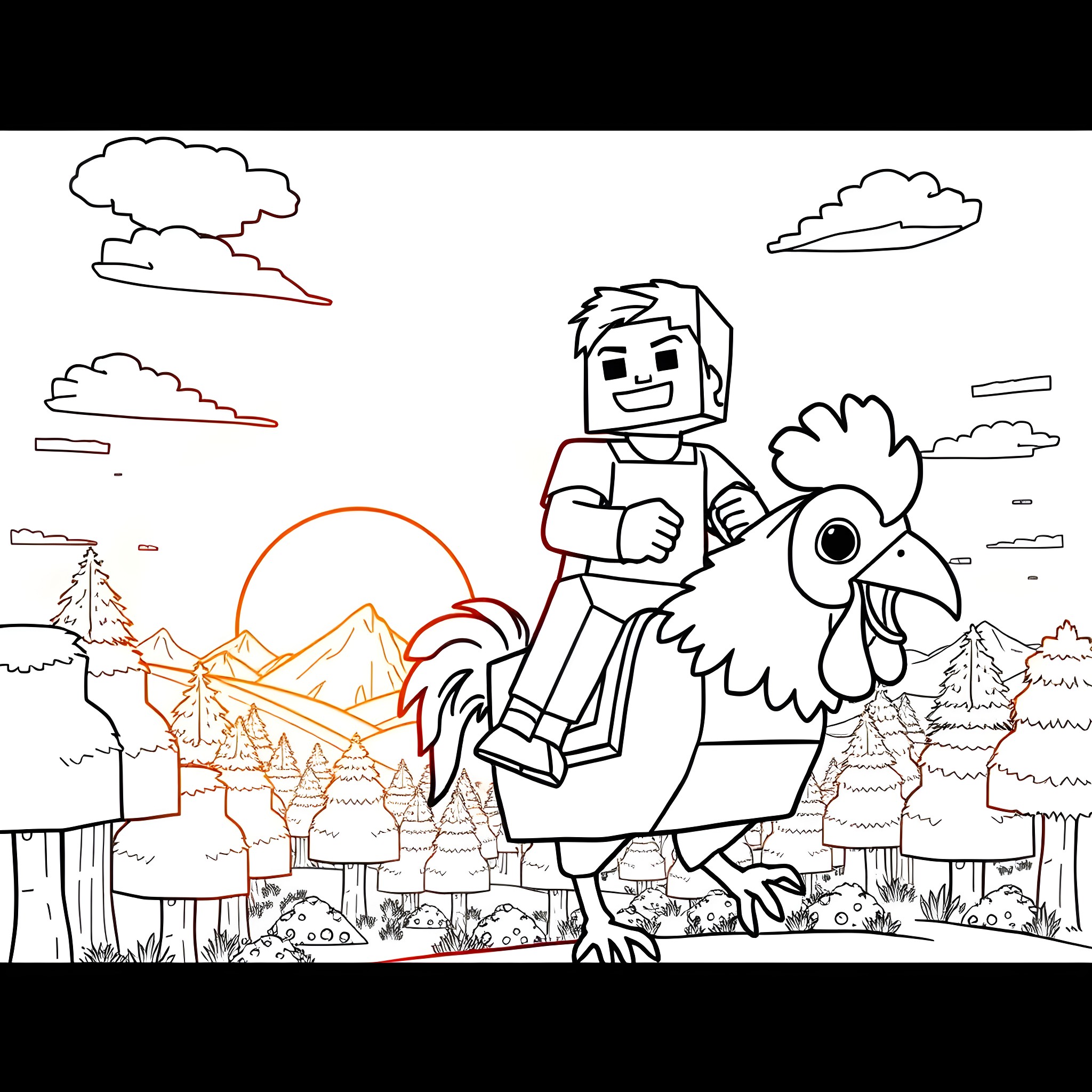 Steve riding a giant chicken through the countryside Coloring Page (free black-and-white line drawing printable PDF for all, from beginners to advanced learners, including children, teens, adults, and seniors)