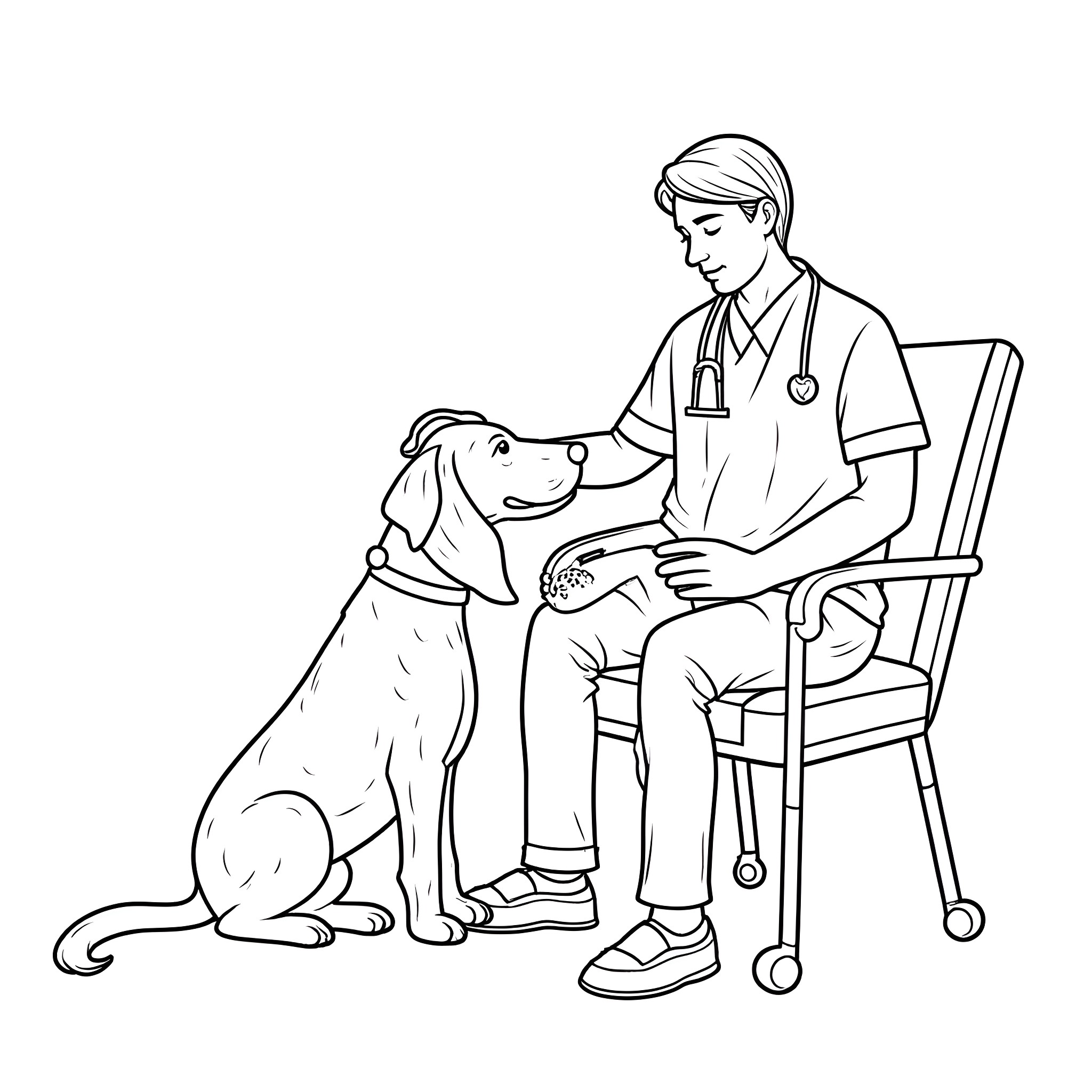 Dog receiving medical care from veterinarian Coloring Page (free black-and-white line drawing printable PDF for all, from beginners to advanced learners, including children, teens, adults, and seniors)
