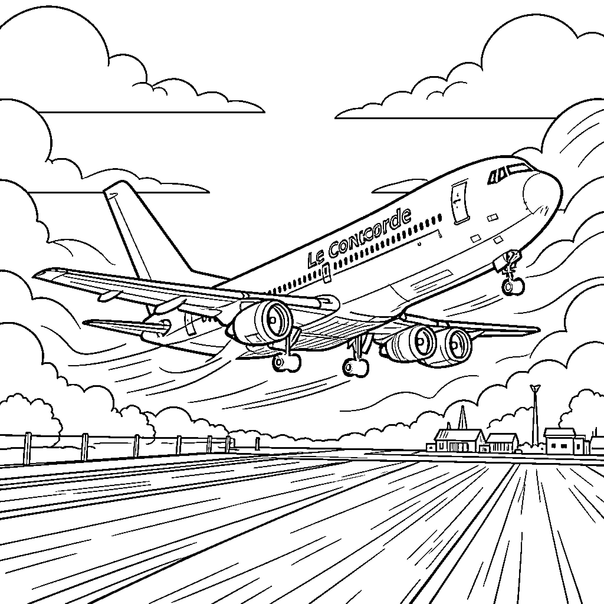 Concorde jet taking off from a runway Coloring Page (free black-and-white line drawing printable PDF for all, from beginners to advanced learners, including children, teens, adults, and seniors)