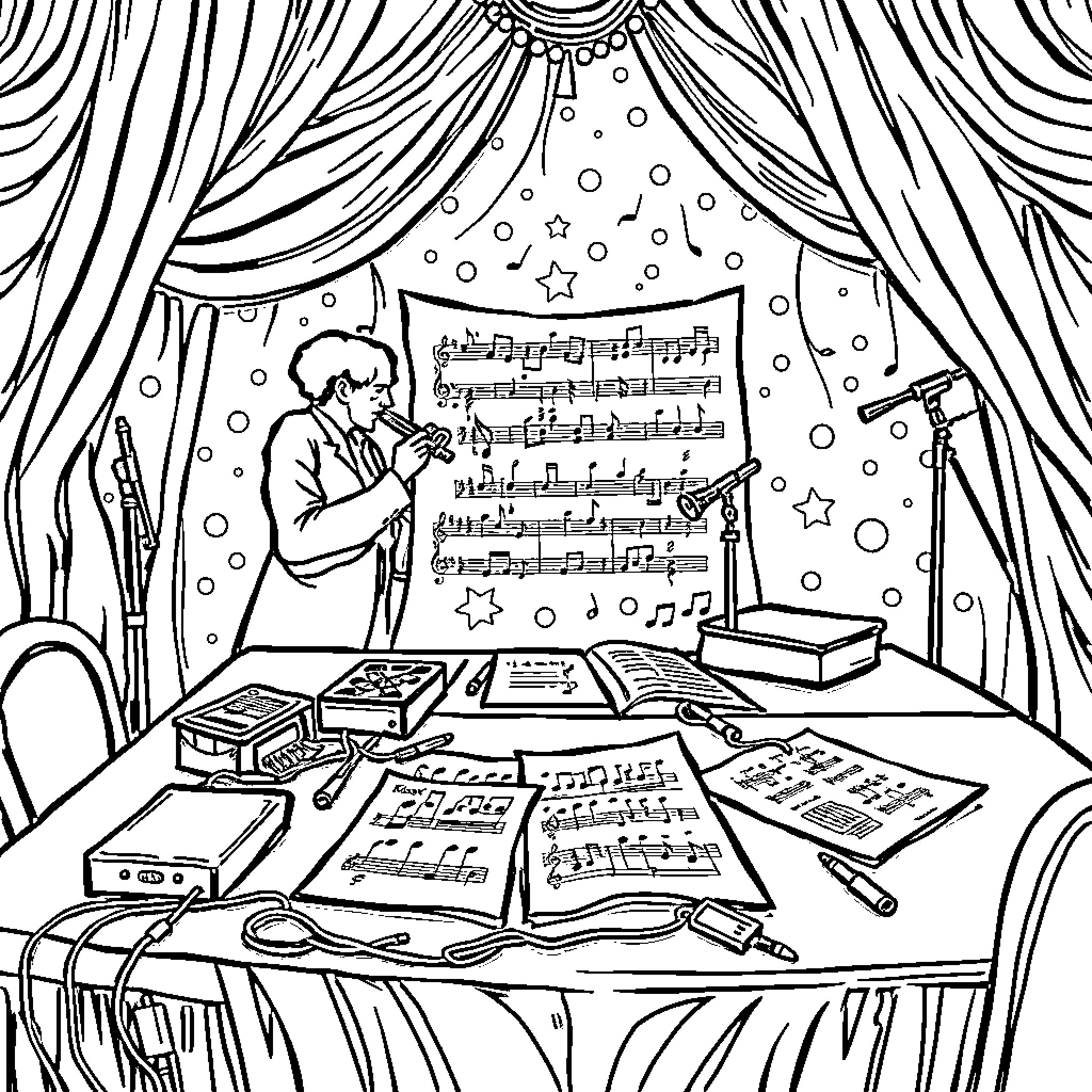 Sheet Music Composer's Workspace with Whimsical Decor Coloring Page (free black-and-white line drawing printable PDF for all, from beginners to advanced learners, including children, teens, adults, and seniors)