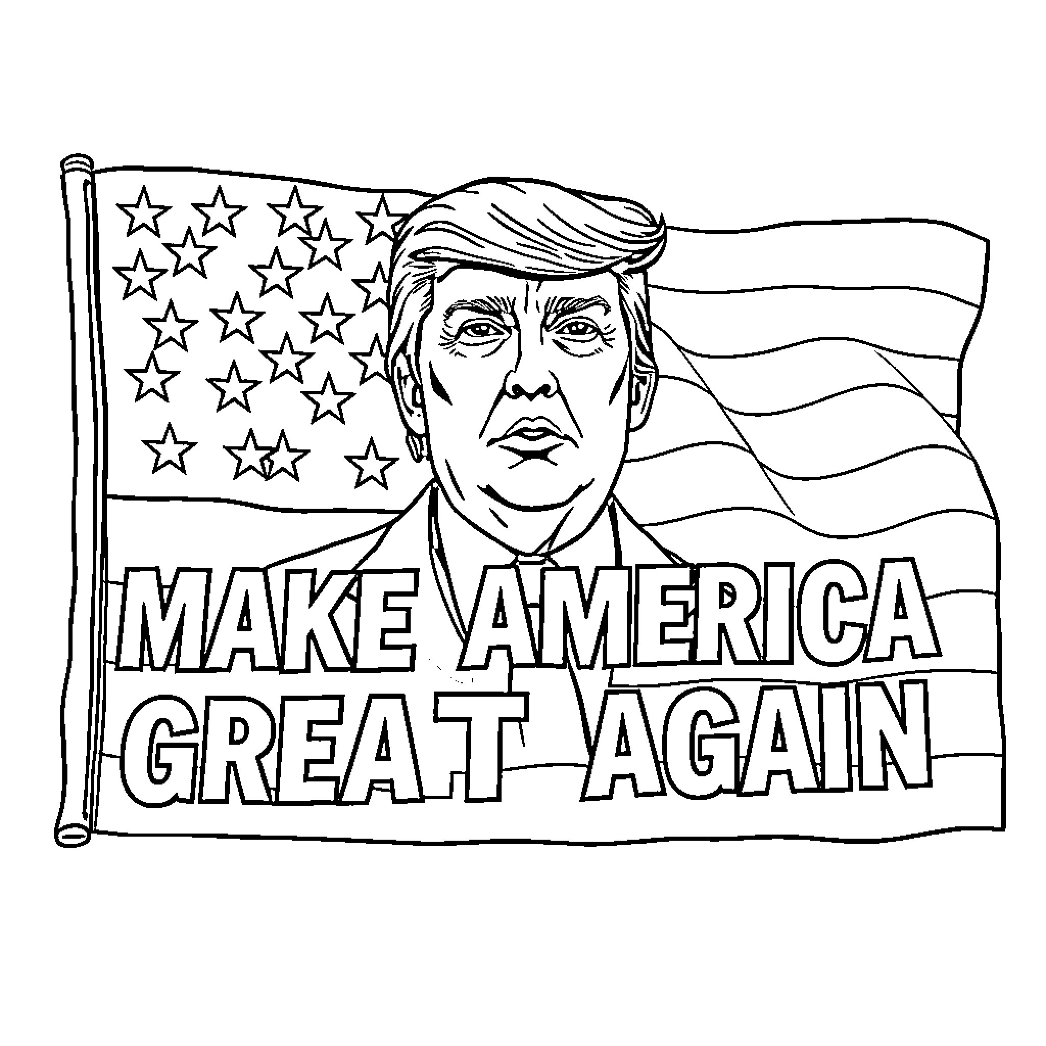 American Flag with Man's Portrait and Slogan Coloring Page (free black-and-white line drawing printable PDF for all, from beginners to advanced learners, including children, teens, adults, and seniors)