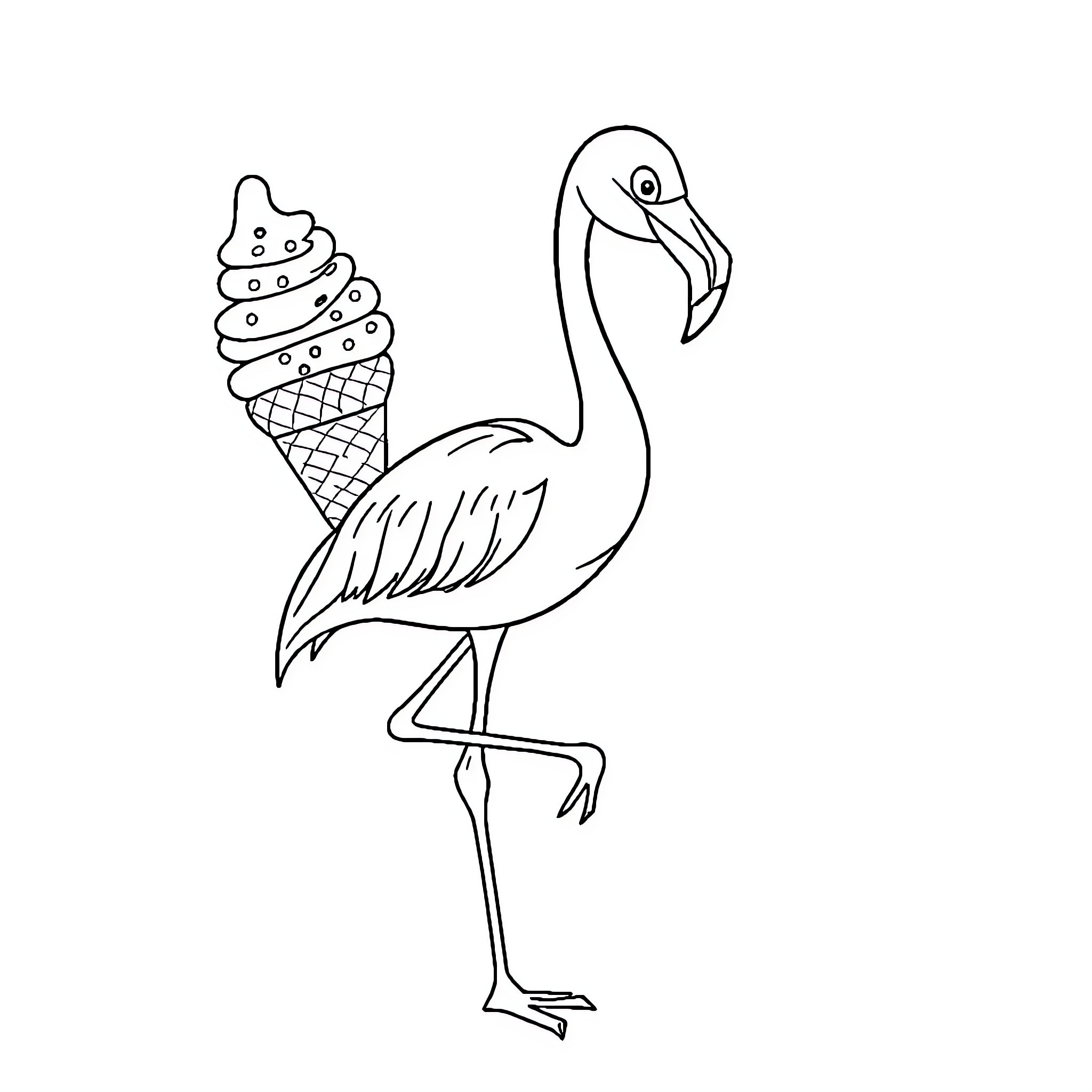Flamingo enjoying an ice cream cone Coloring Page (free black-and-white line drawing printable PDF for all, from beginners to advanced learners, including children, teens, adults, and seniors)