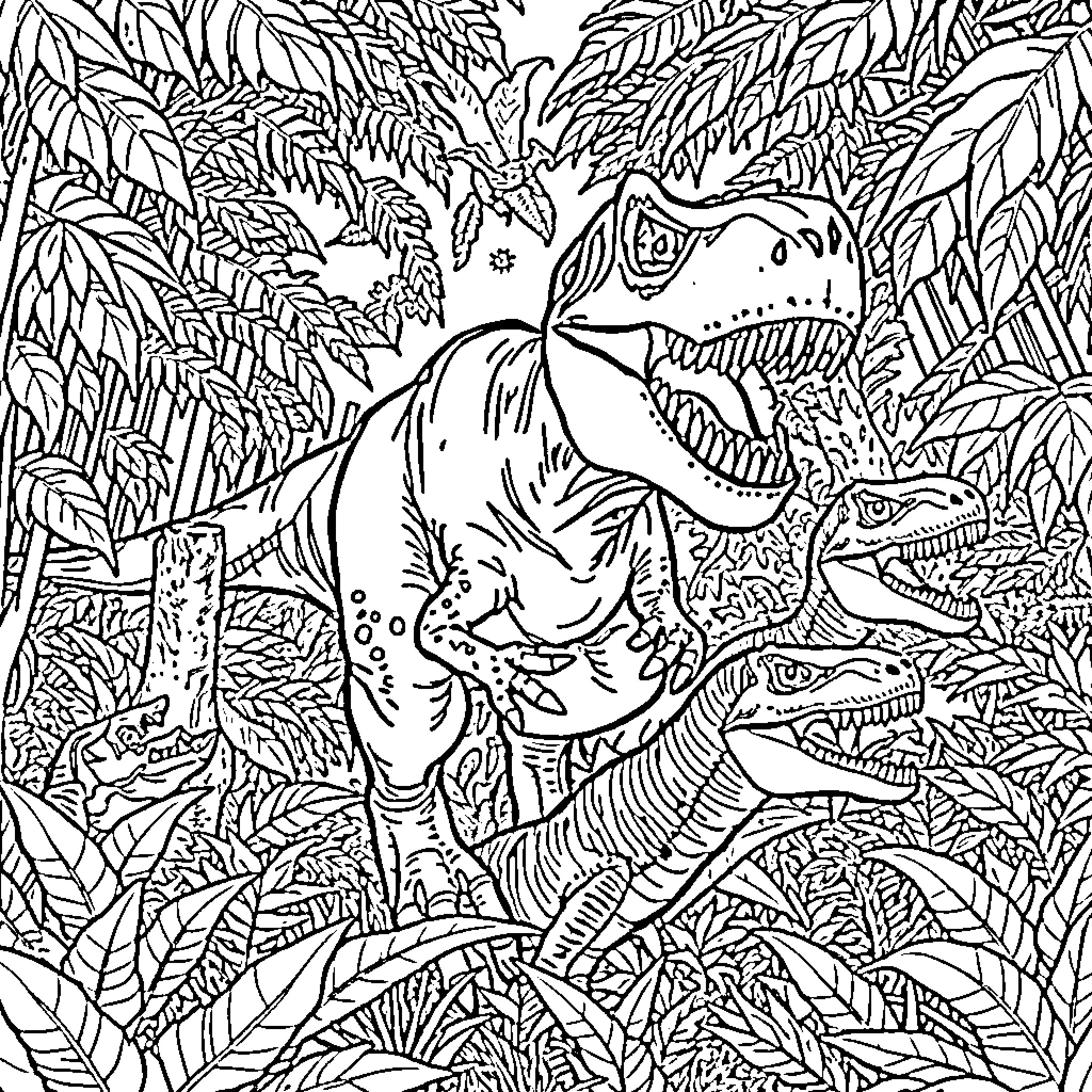 Tyrannosaurus Dinosaurs Exploring Lush Prehistoric Jungle Coloring Page (free black-and-white line drawing printable PDF for all, from beginners to advanced learners, including children, teens, adults, and seniors)
