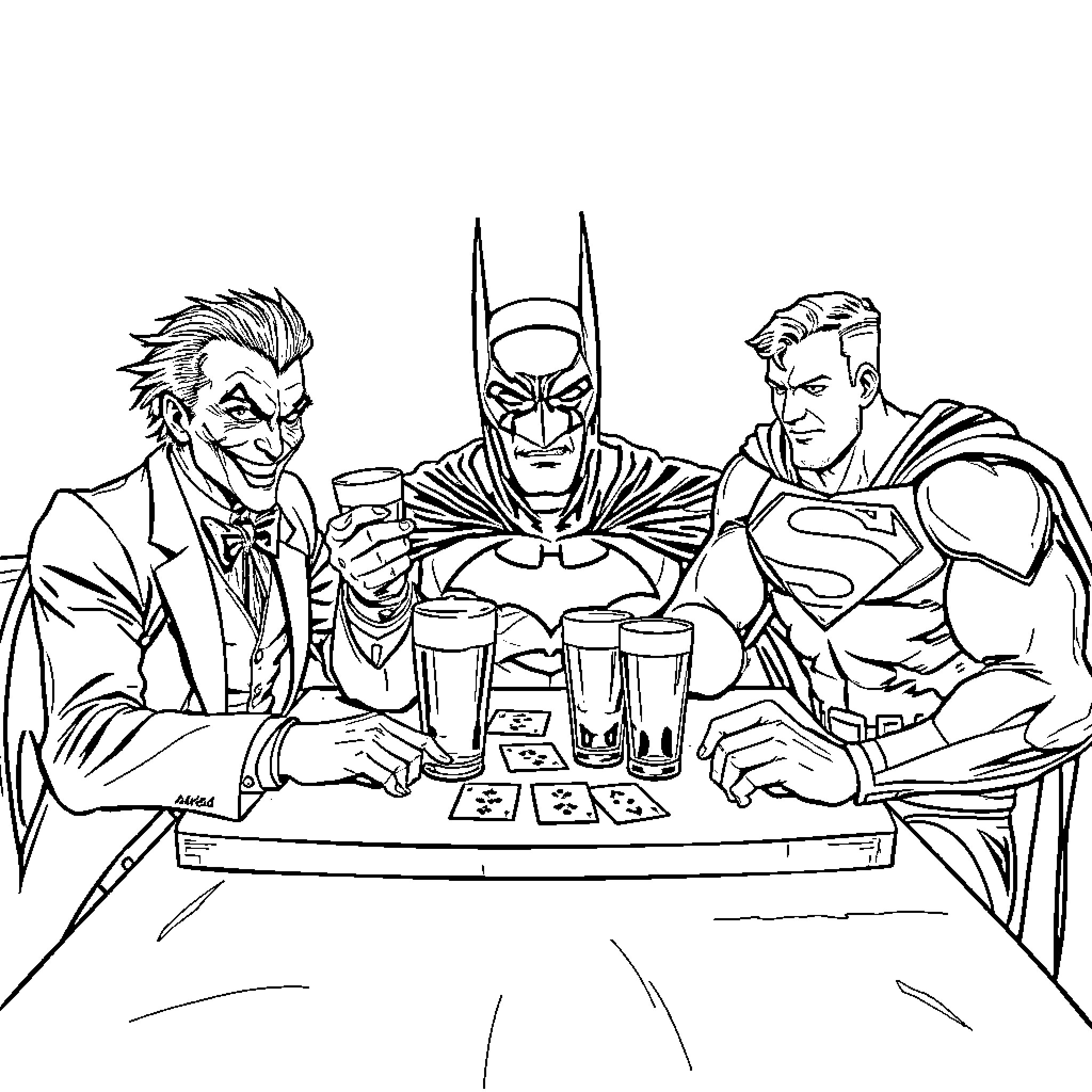 Joker, Batman, and Superman playing poker together Coloring Page (free black-and-white line drawing printable PDF for all, from beginners to advanced learners, including children, teens, adults, and seniors)