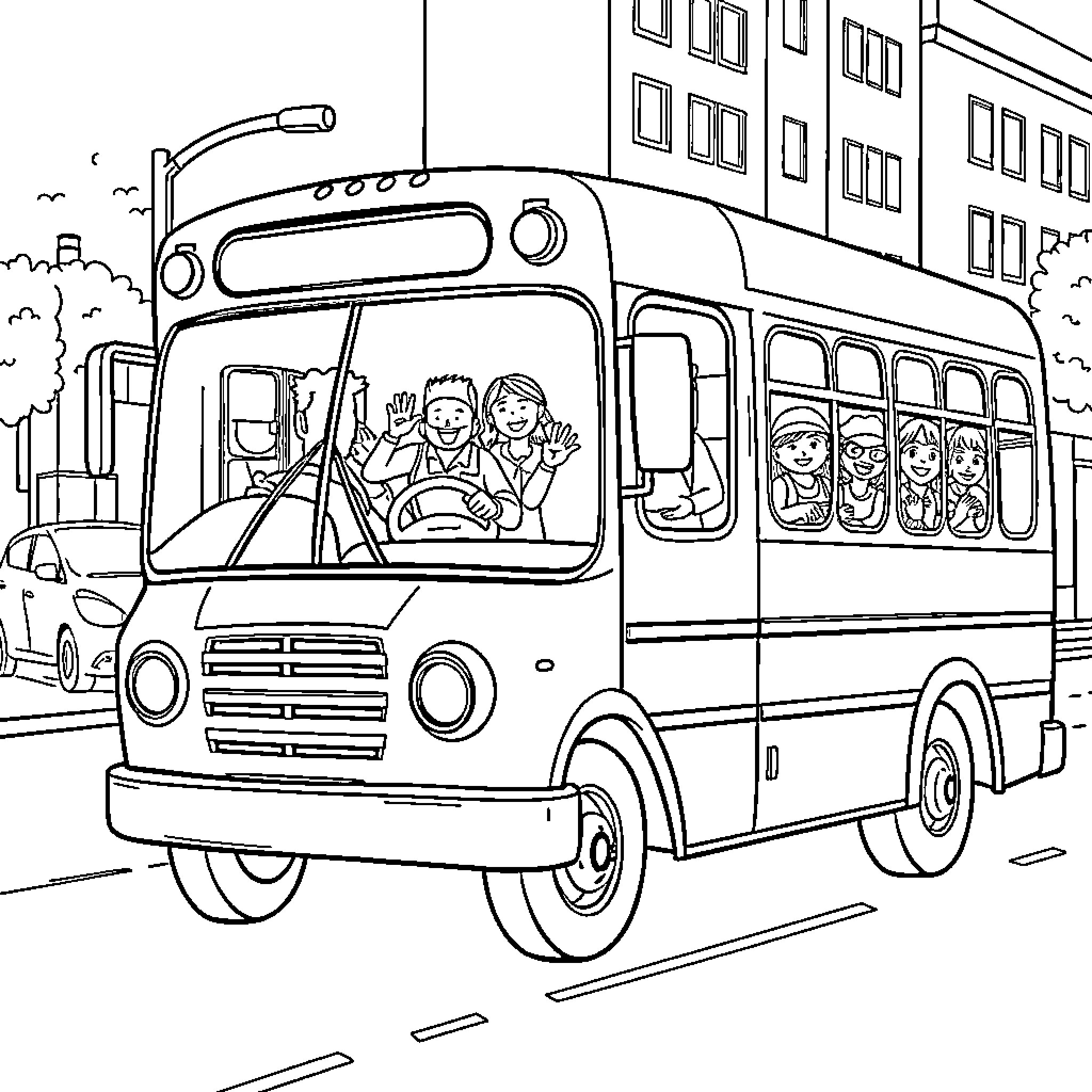 Bus full of happy passengers on the road Coloring Page (free black-and-white line drawing printable PDF for all, from beginners to advanced learners, including children, teens, adults, and seniors)