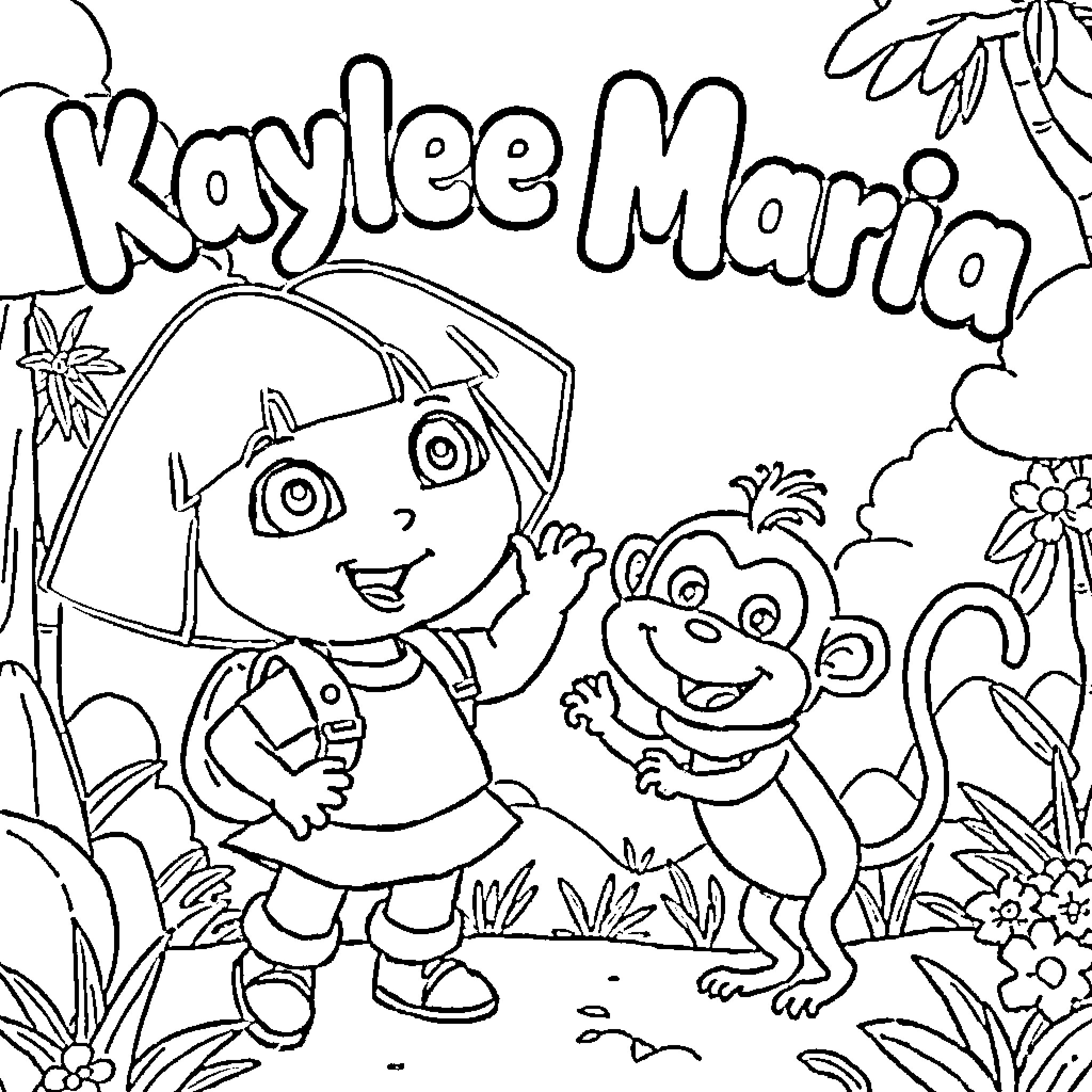 Dora and Boots exploring the jungle Coloring Page (free black-and-white line drawing printable PDF for all, from beginners to advanced learners, including children, teens, adults, and seniors)