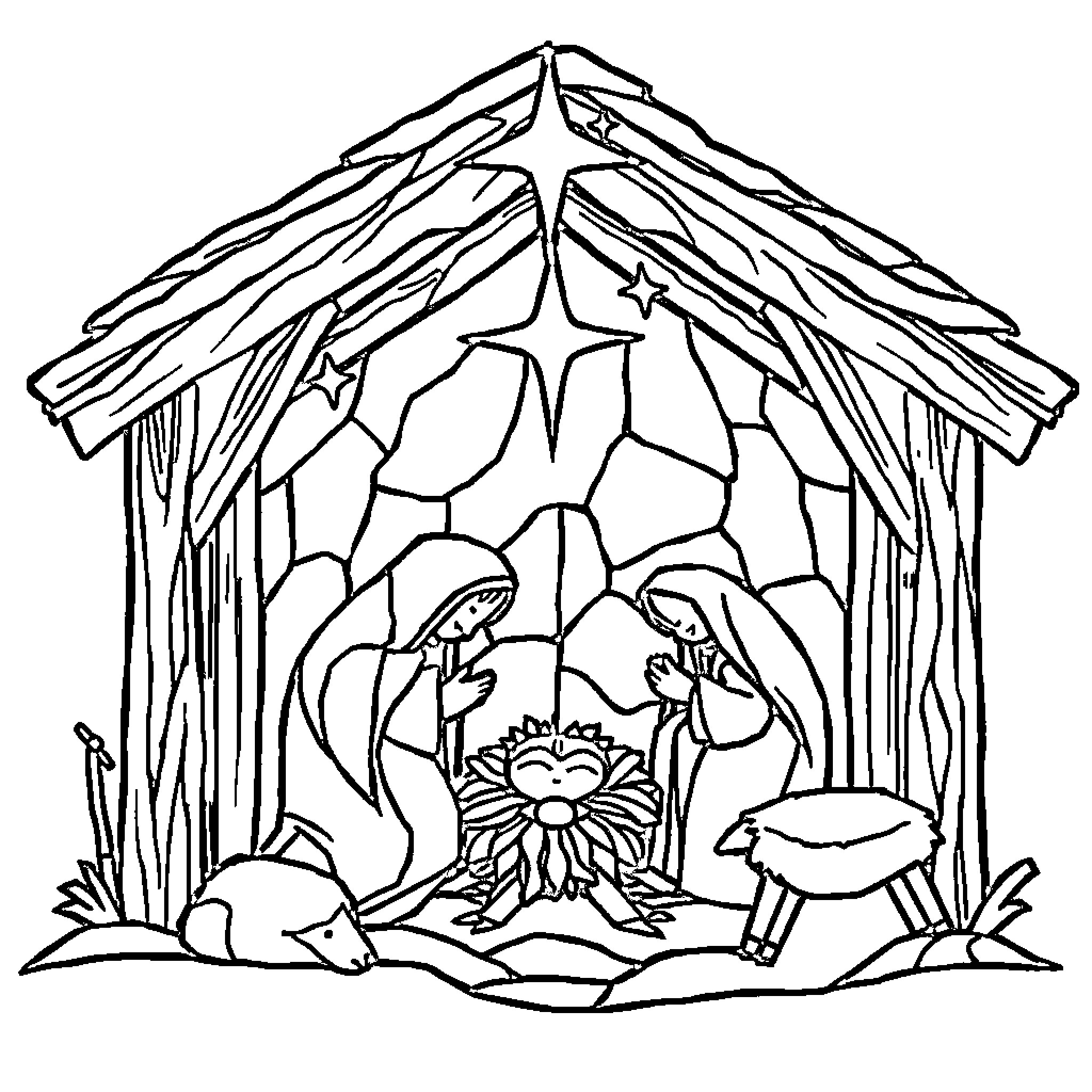 Nativity scene with straw-roofed shelter and figures Coloring Page (free black-and-white line drawing printable PDF for all, from beginners to advanced learners, including children, teens, adults, and seniors)